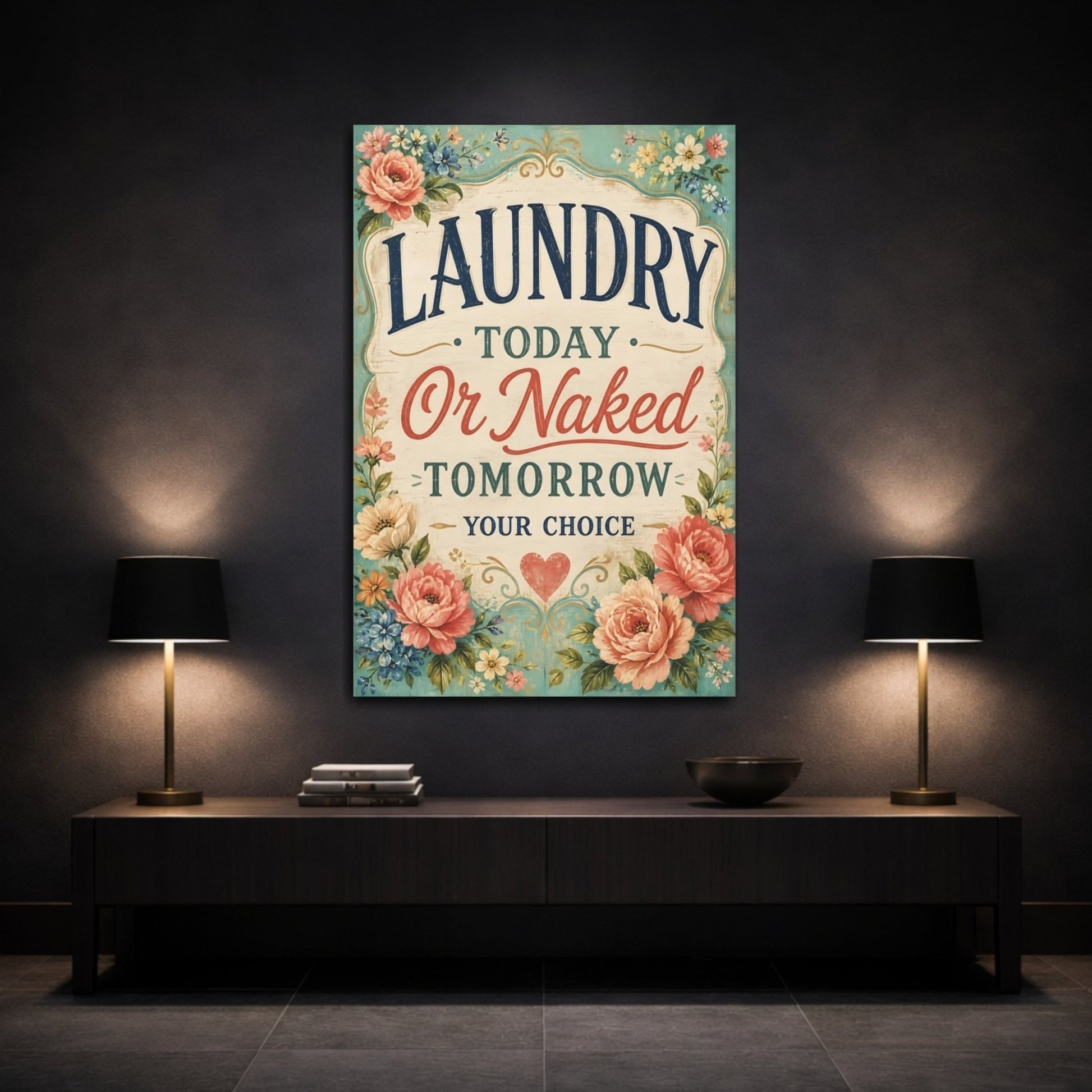 Funny Laundry Sign Floral Canvas Print – Room, Main Wall, Multi - color - YesArtYes