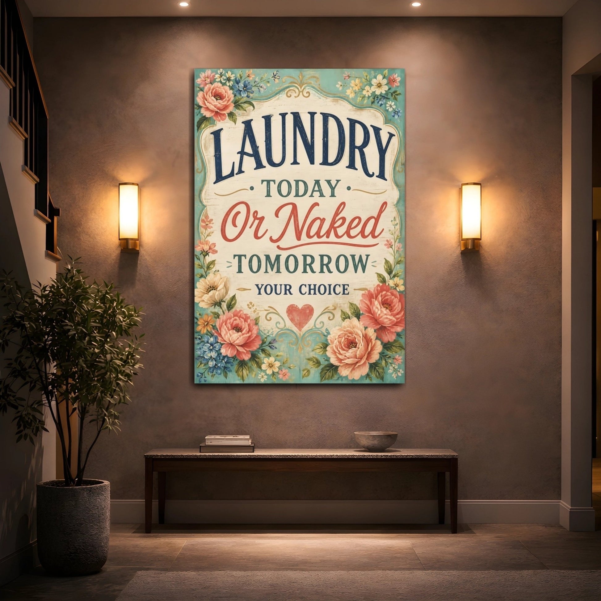 Funny Laundry Sign Floral Canvas Print – Room, Main Wall, Multi - color - YesArtYes