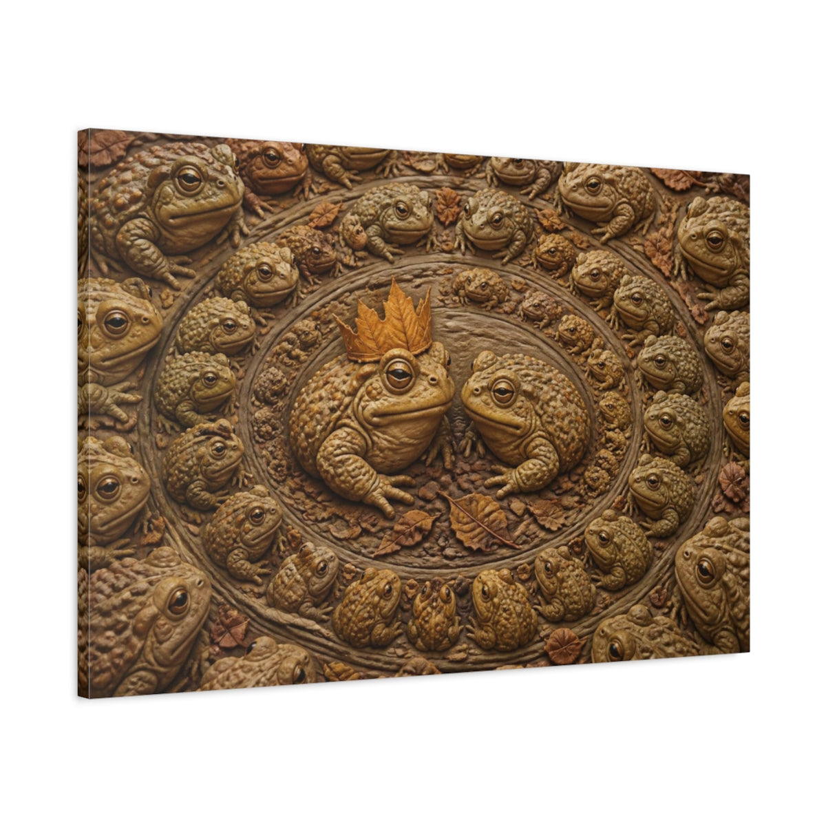 Main Mockup. Funny Leaf-Crowned Toads shown as canvas print