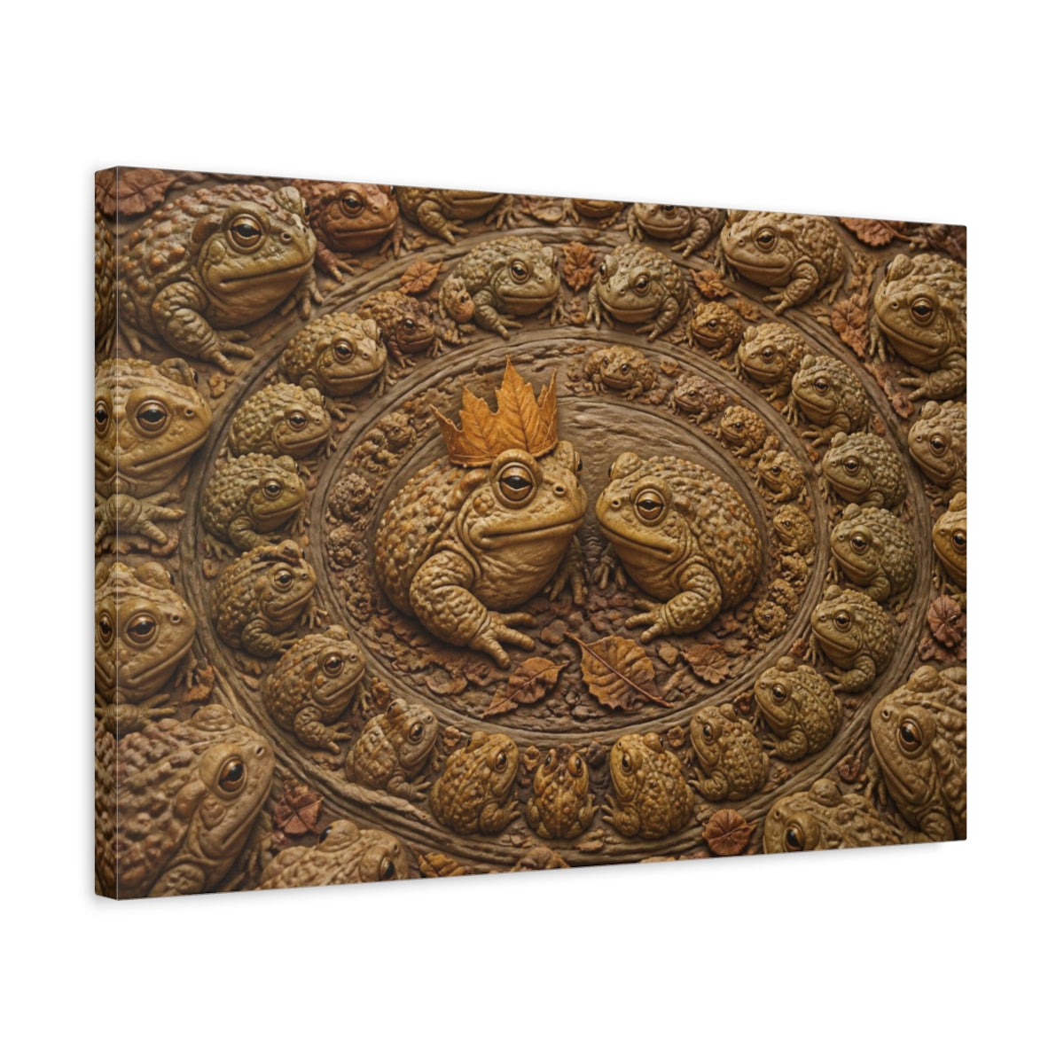 Side Mockup 3. Funny Leaf-Crowned Toads shown as canvas print