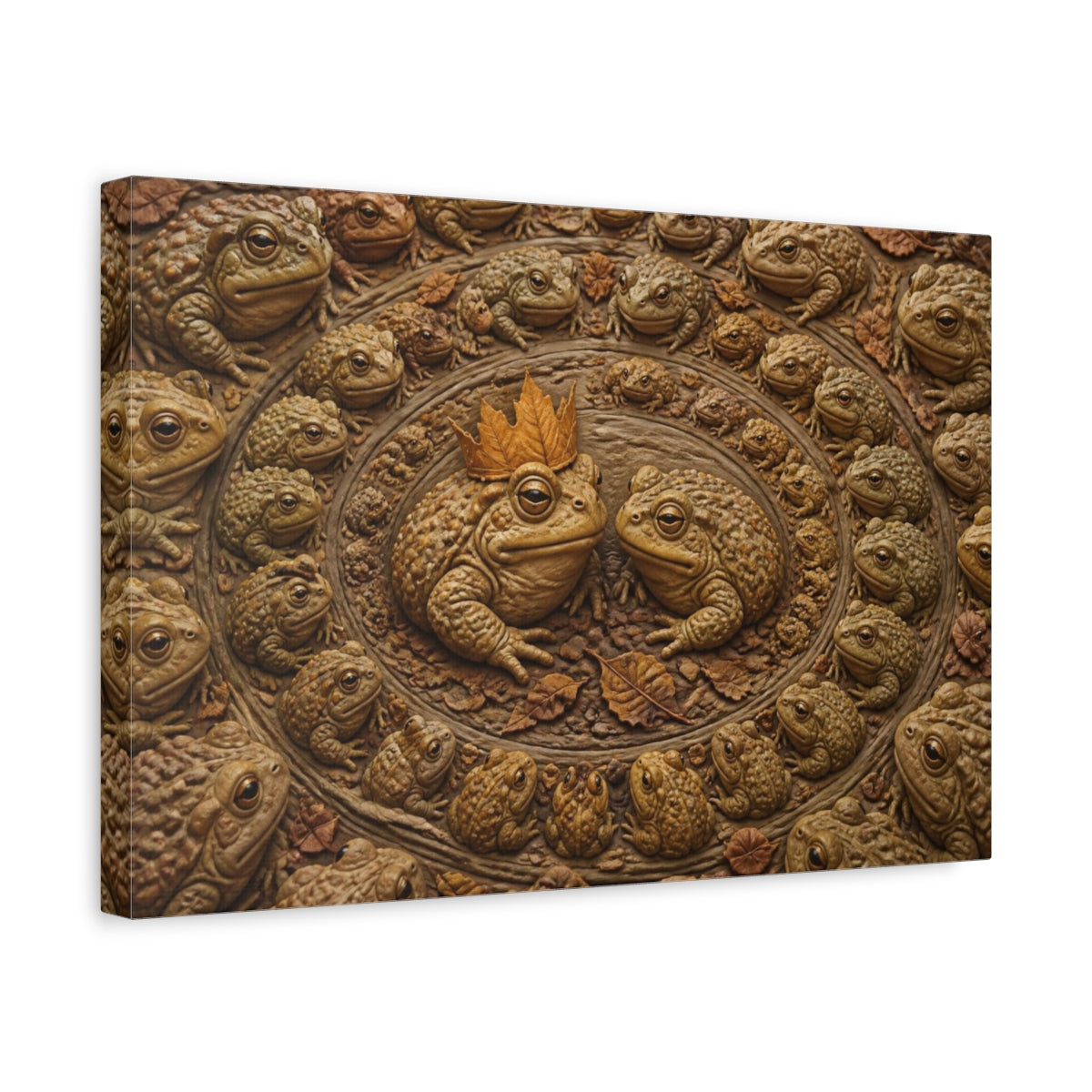 Side Mockup 4. Funny Leaf-Crowned Toads shown as canvas print