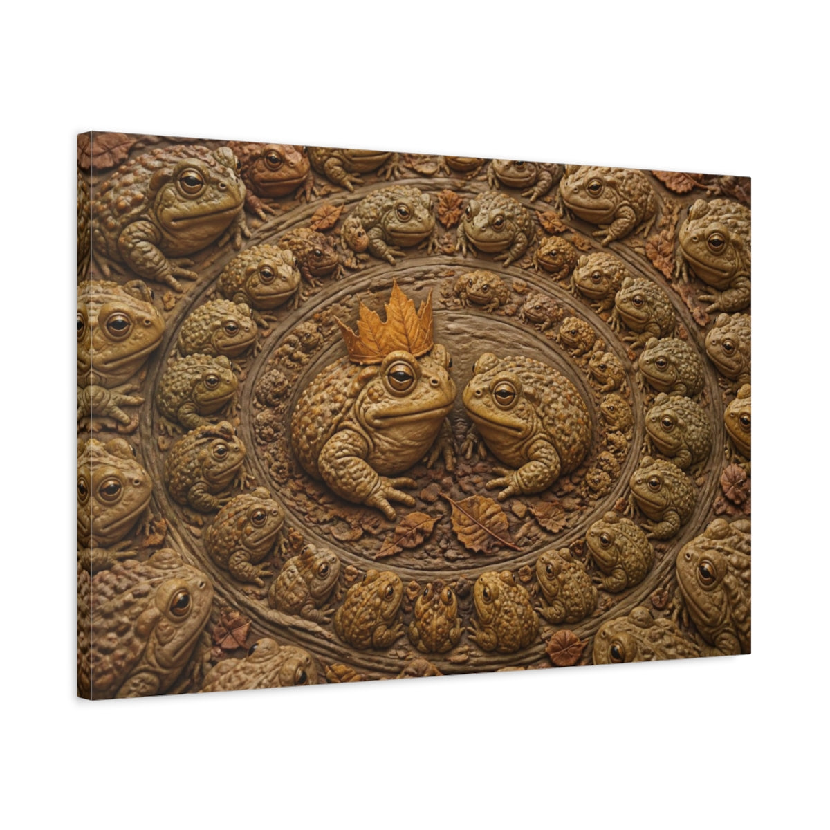 Side Mockup 2. Funny Leaf-Crowned Toads shown as canvas print