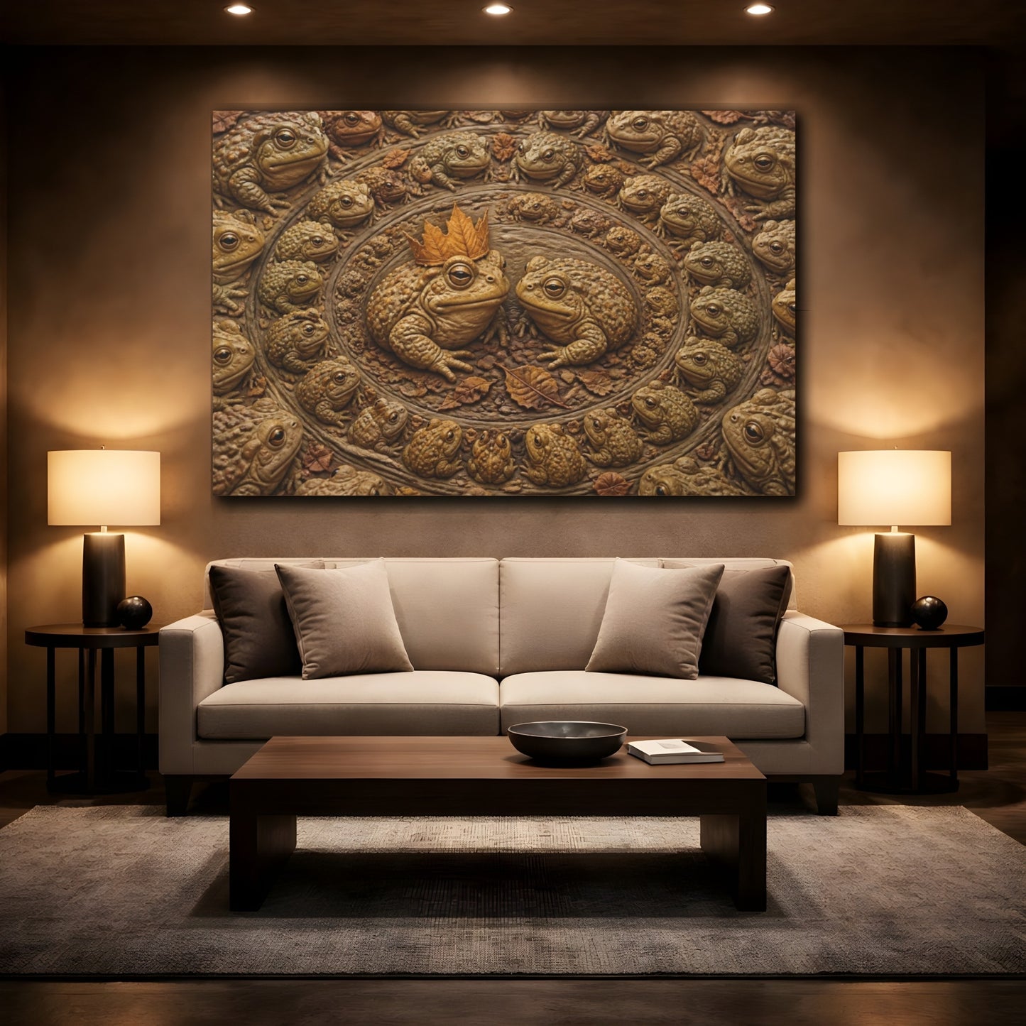 Mockup 2. Funny Leaf-Crowned Toads shown as canvas print