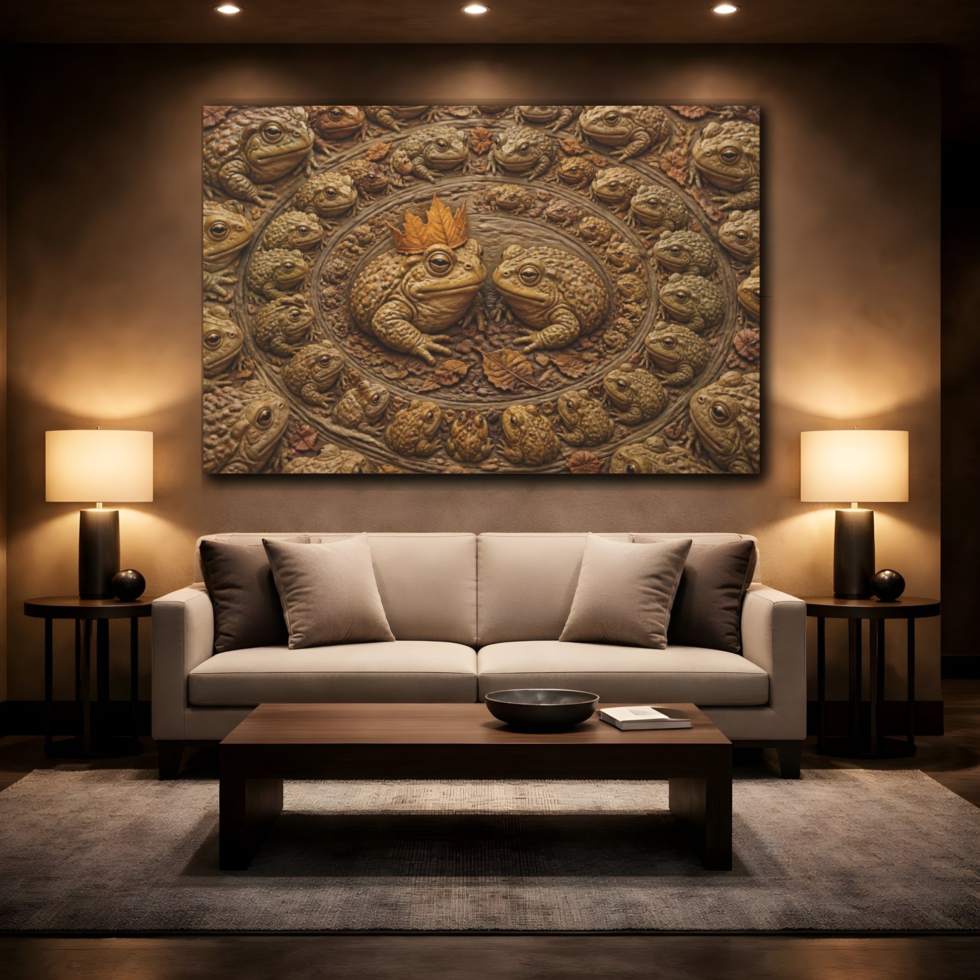 Mockup 2. Funny Leaf-Crowned Toads shown as canvas print