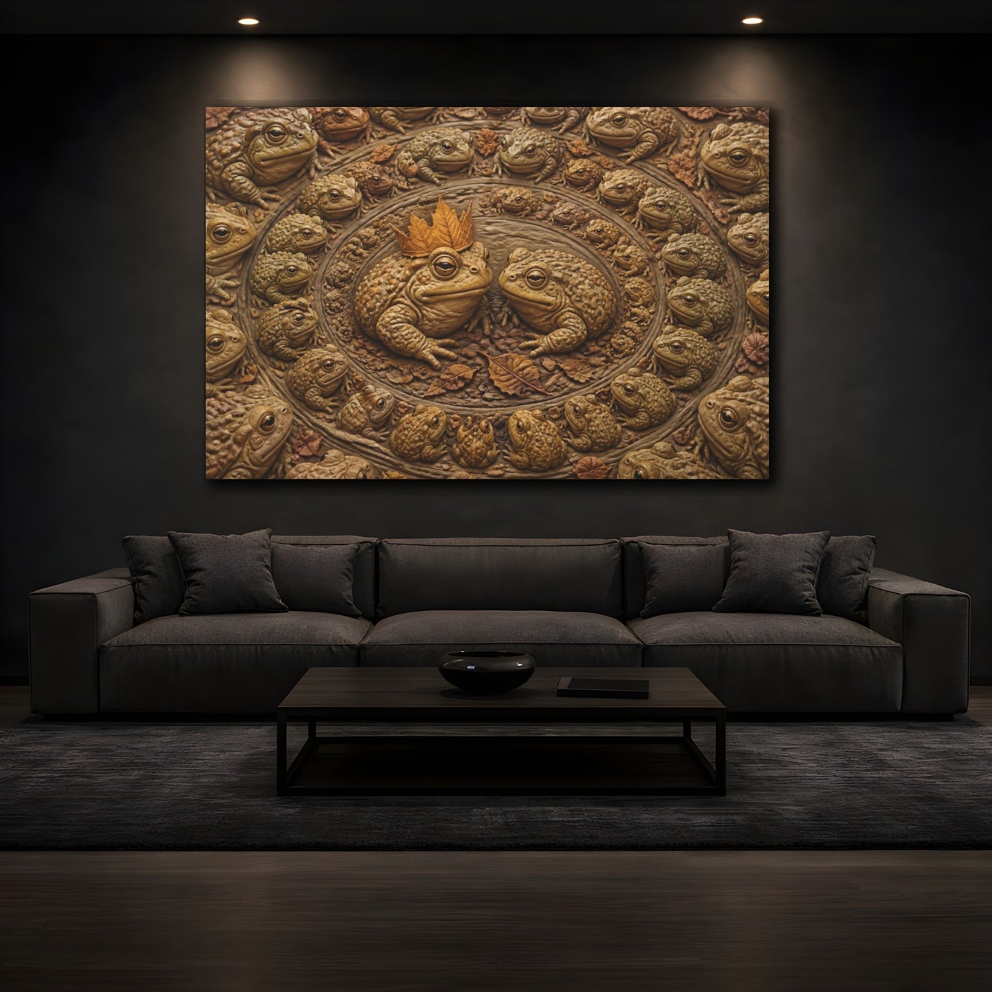 Mockup 3. Funny Leaf-Crowned Toads shown as canvas print