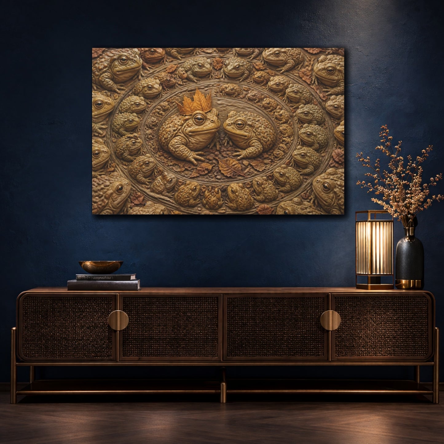 Mockup 4. Funny Leaf-Crowned Toads shown as canvas print