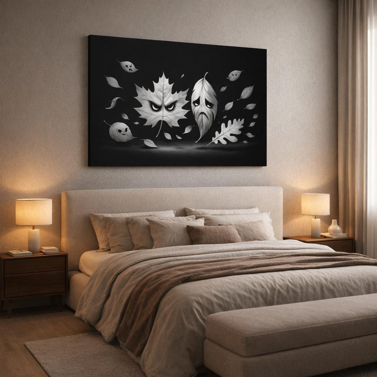 Funny Leaves Black White shown as canvas wall art in a luxury bedroom