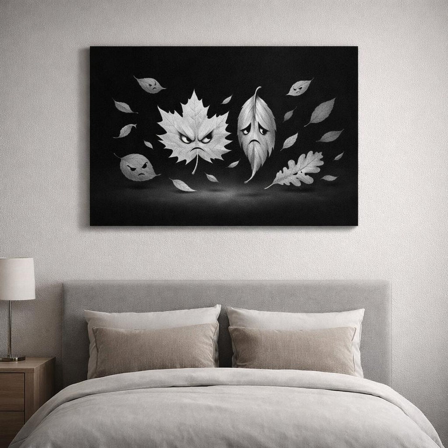 Funny Leaves Black White shown as canvas wall art in a refined dining room