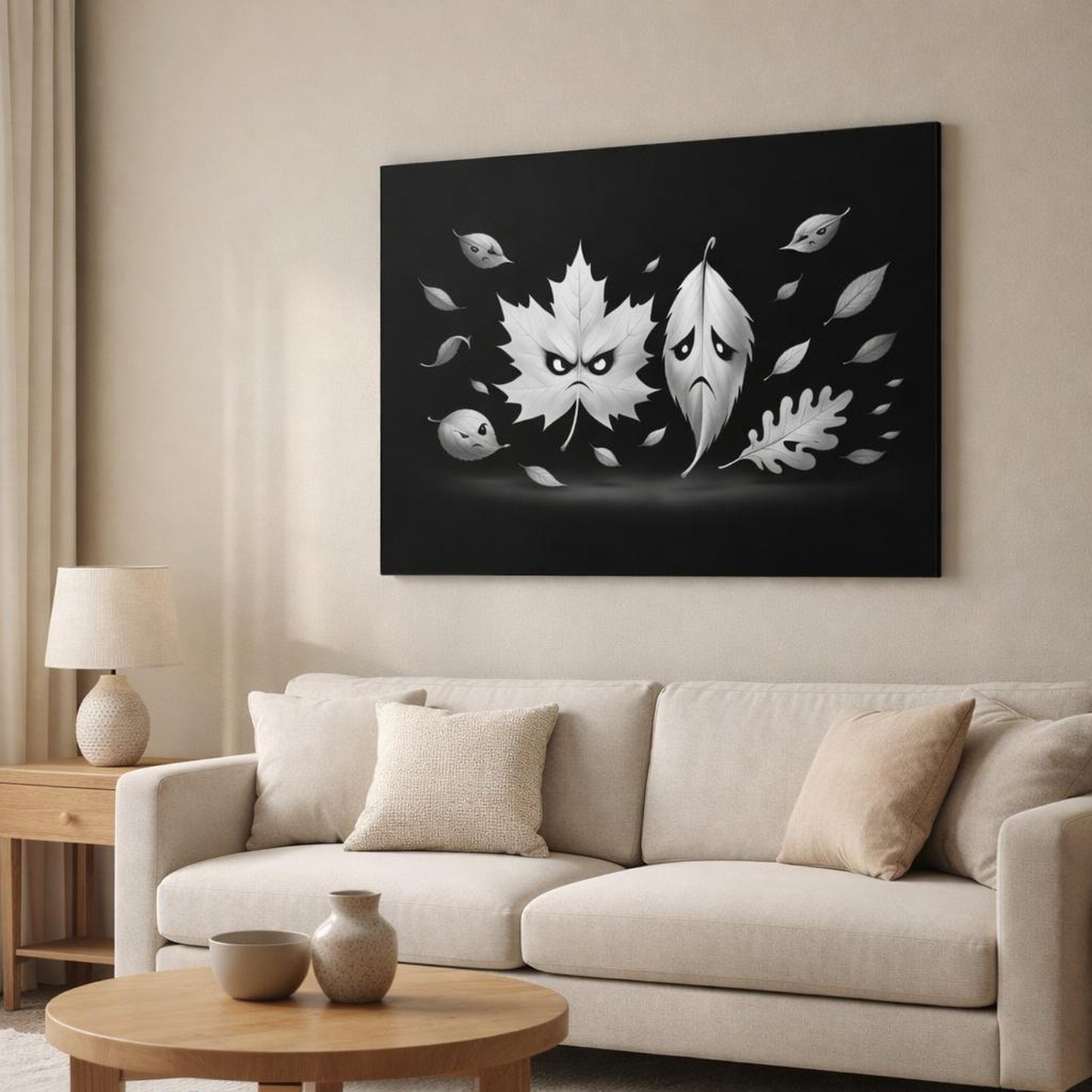 Funny Leaves Black White shown as canvas wall art in a modern living room