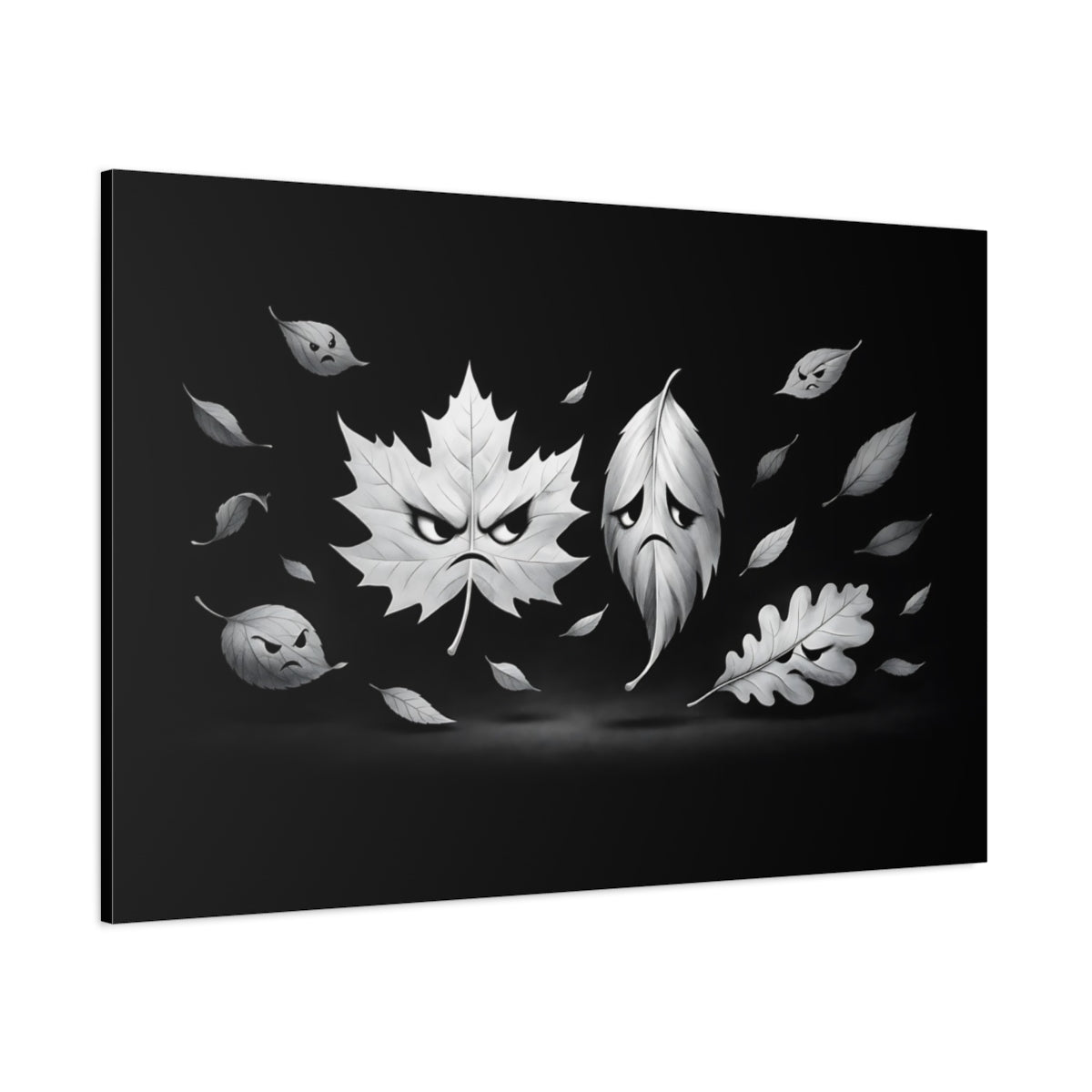 Funny Leaves Black White shown as stretched canvas wall art