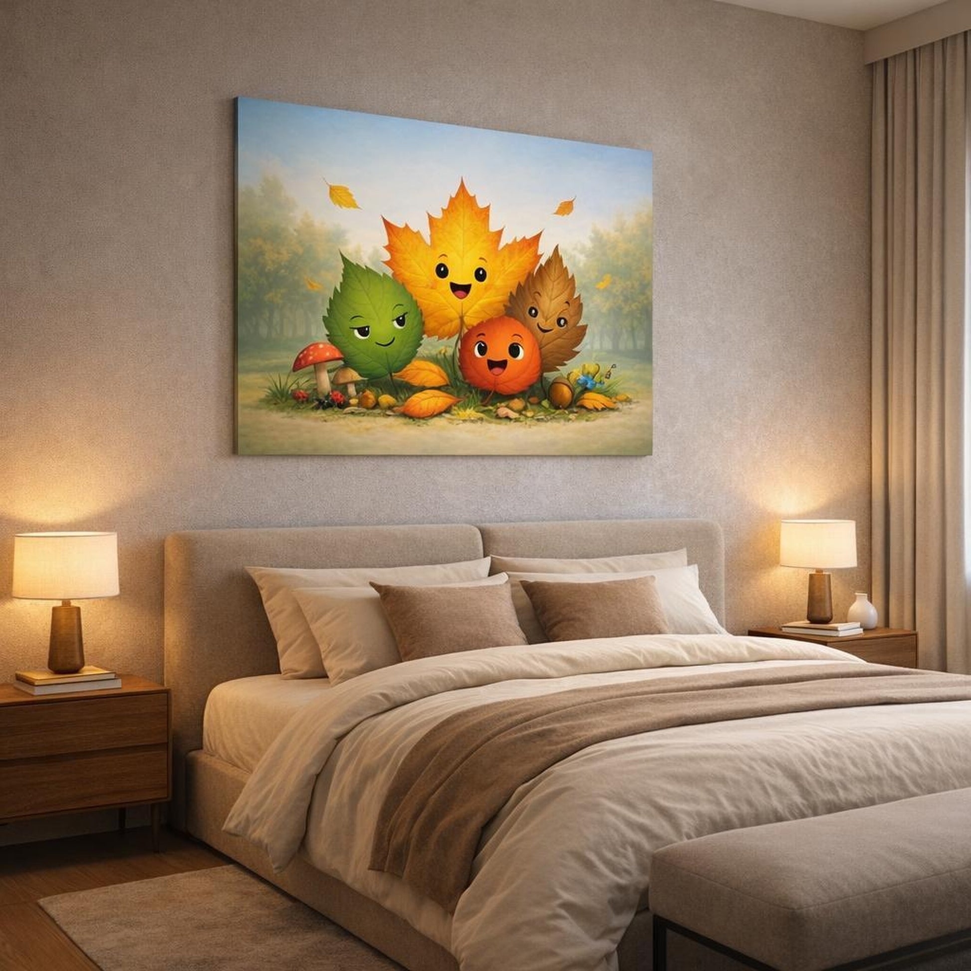 Funny Leaves Nature shown as canvas wall art in a luxury bedroom
