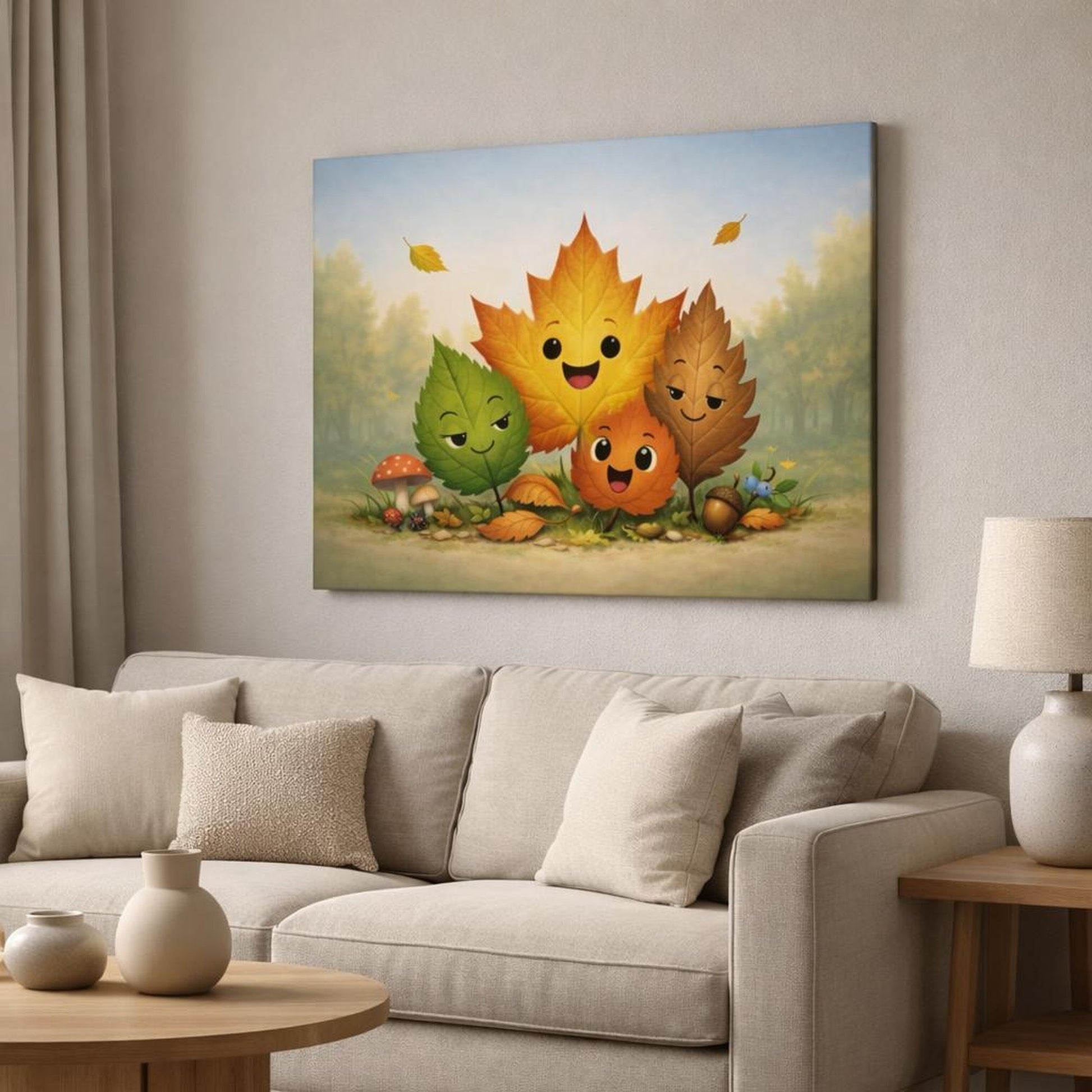 Funny Leaves Nature shown as canvas wall art in a modern living room