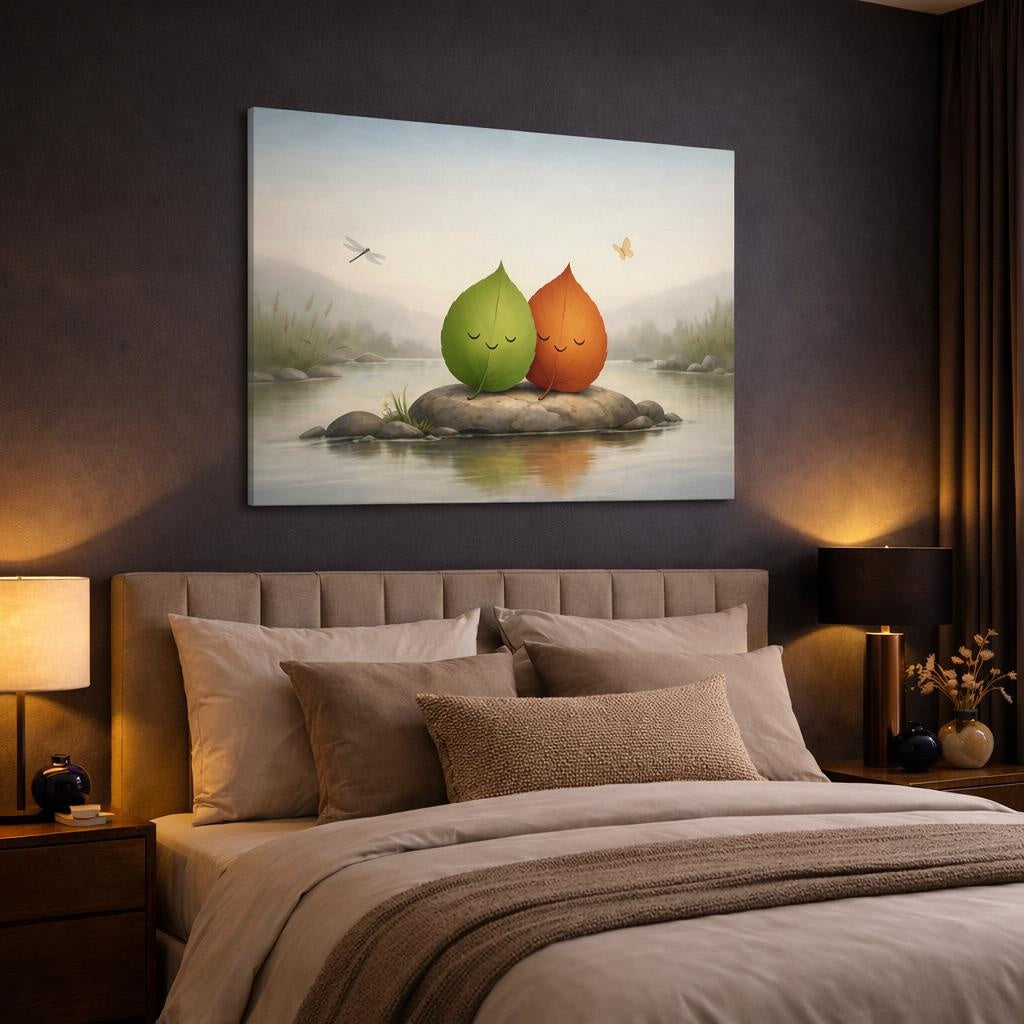 Funny Leaves Peaceful shown as canvas wall art in a luxury bedroom