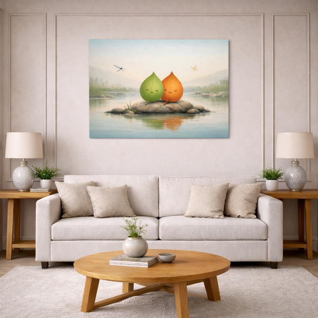 Funny Leaves Peaceful shown as canvas wall art in a modern living room