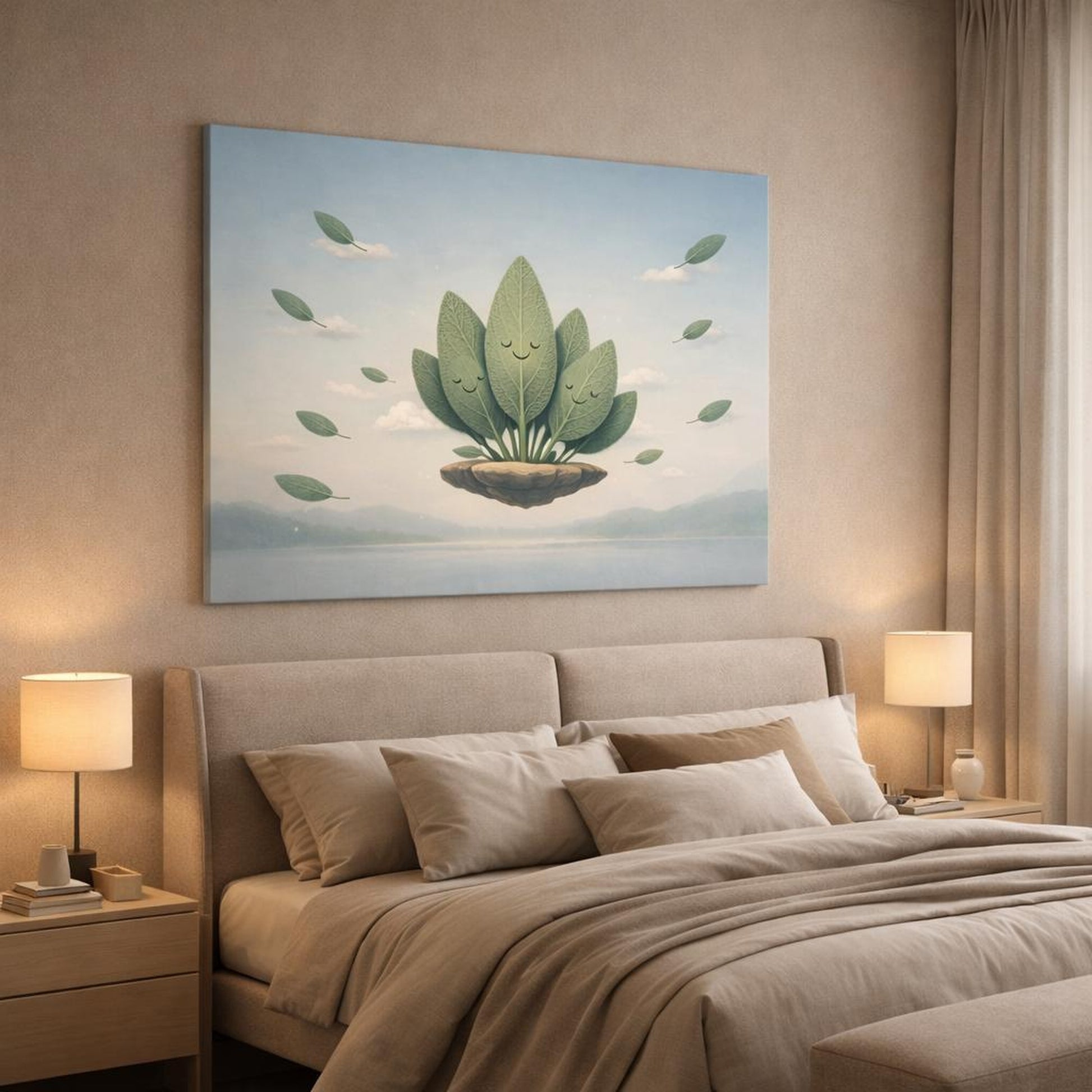 Funny Leaves Sage shown as canvas wall art in a luxury bedroom