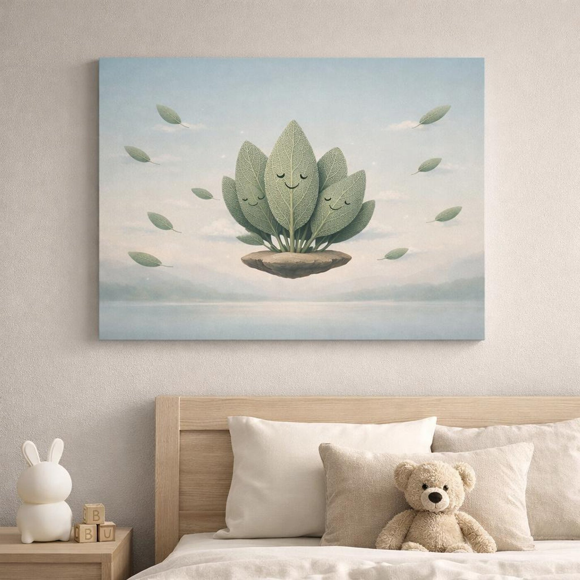 Funny Leaves Sage shown as canvas wall art in a refined dining room