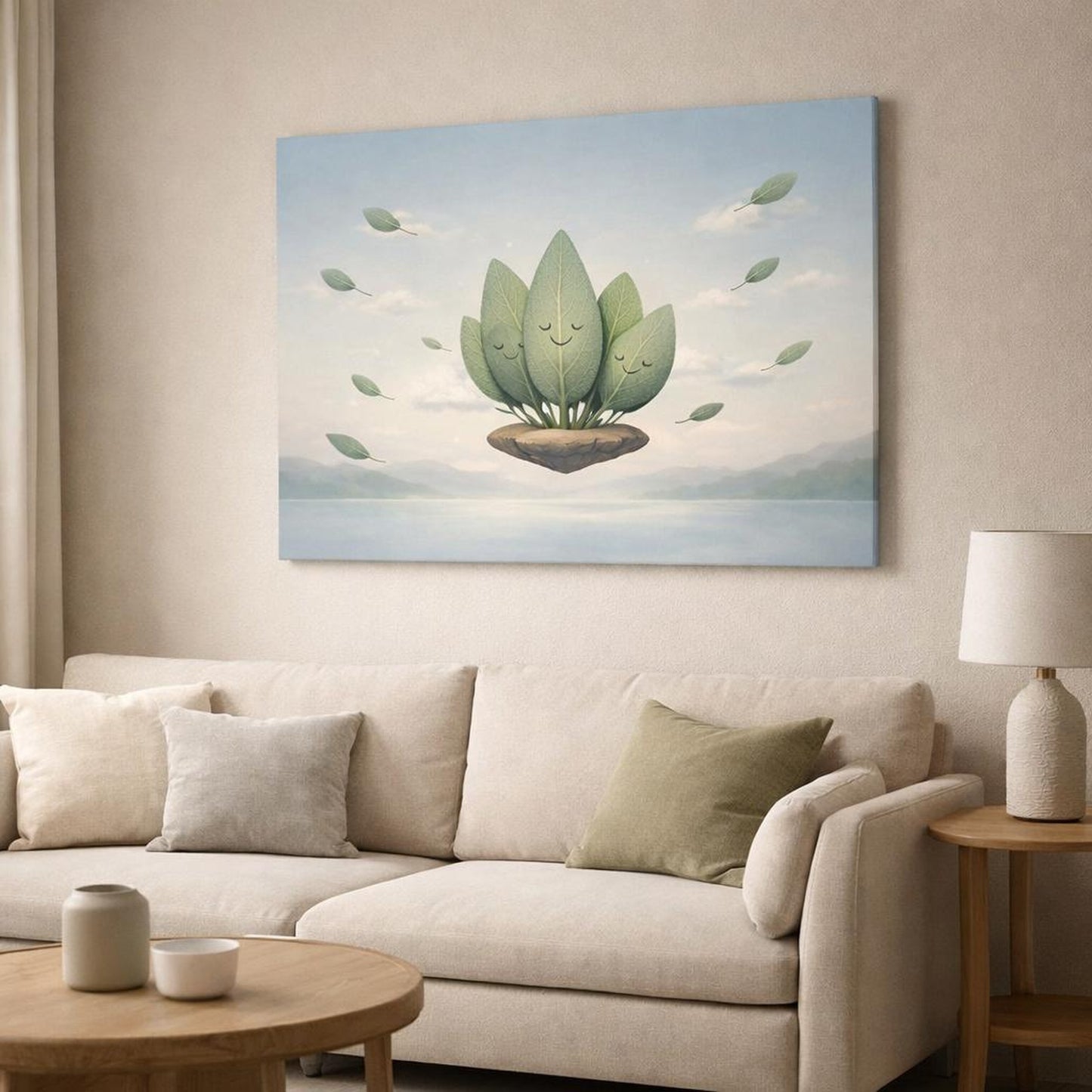 Funny Leaves Sage shown as canvas wall art in a modern living room