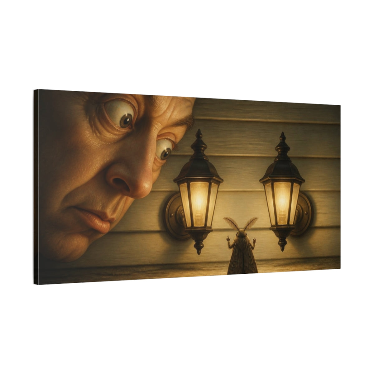 Main Mockup. Funny Moth Between Lights shown as canvas print