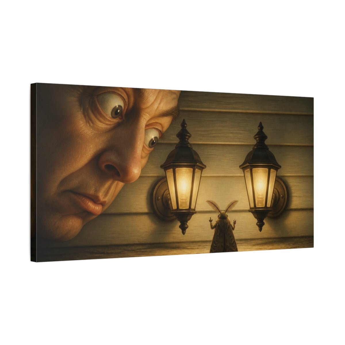 Side Mockup 1. Funny Moth Between Lights shown as canvas print