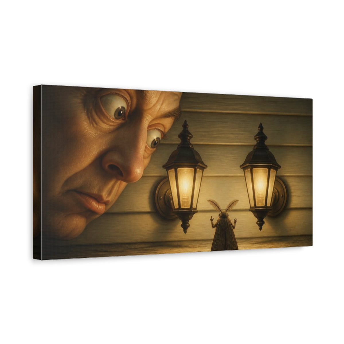 Side Mockup 3. Funny Moth Between Lights shown as canvas print