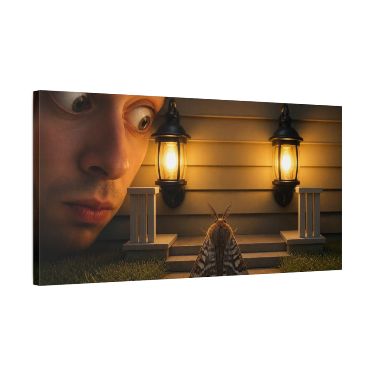 Side Mockup 1. Funny Moth Between Lights shown as canvas print
