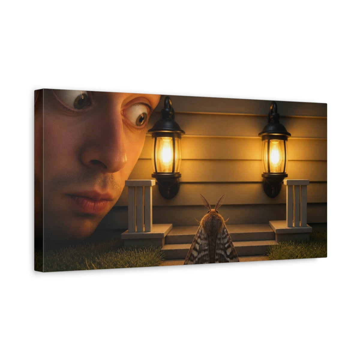 Side Mockup 3. Funny Moth Between Lights shown as canvas print