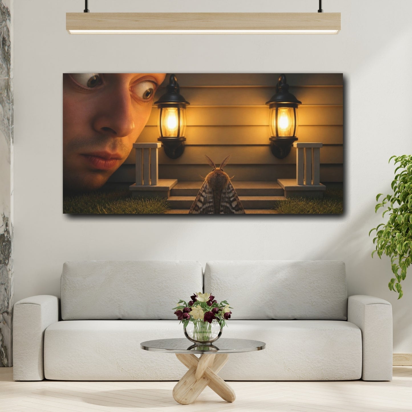 Mockup 2. Funny Moth Between Lights shown as canvas print