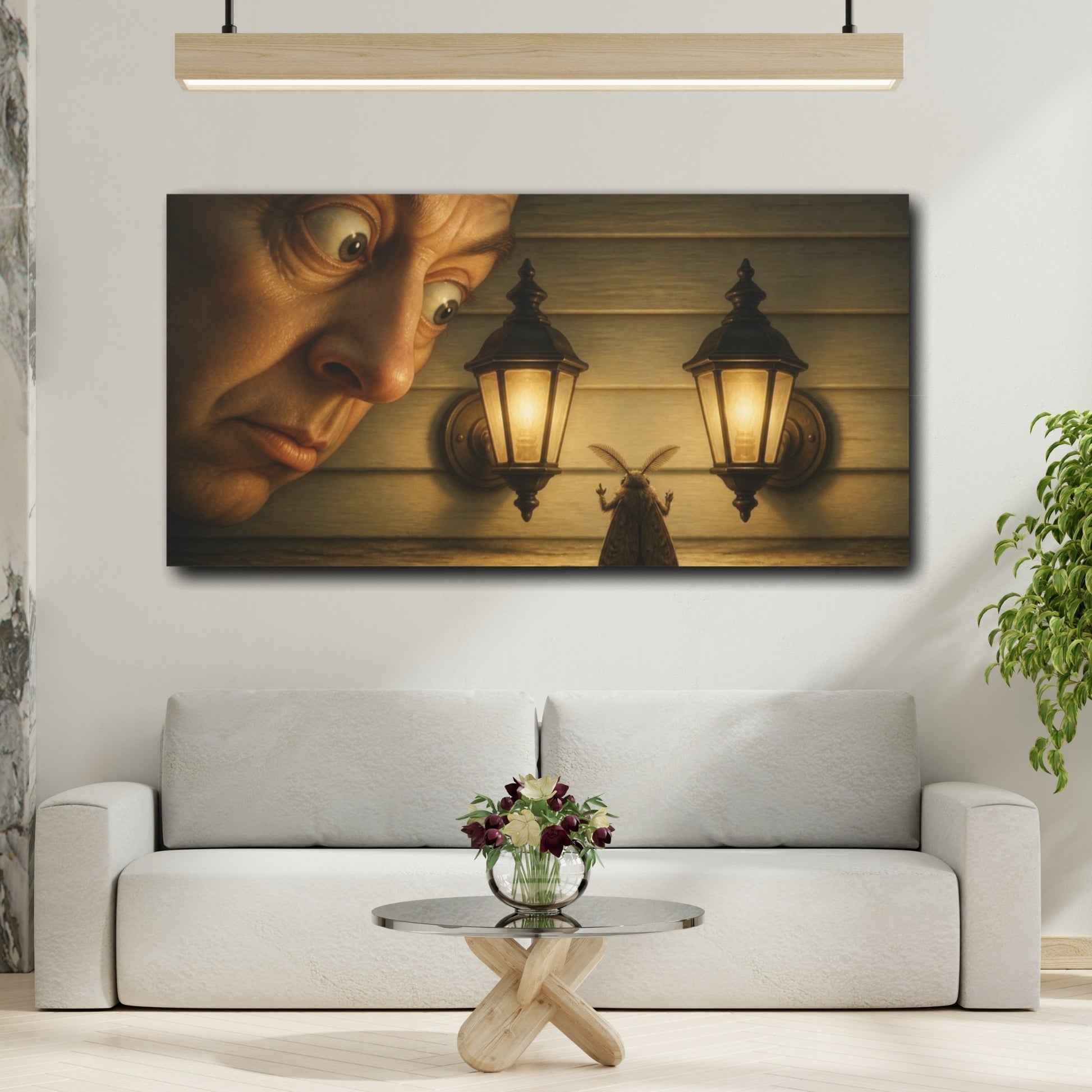Mockup 2. Funny Moth Between Lights shown as canvas print