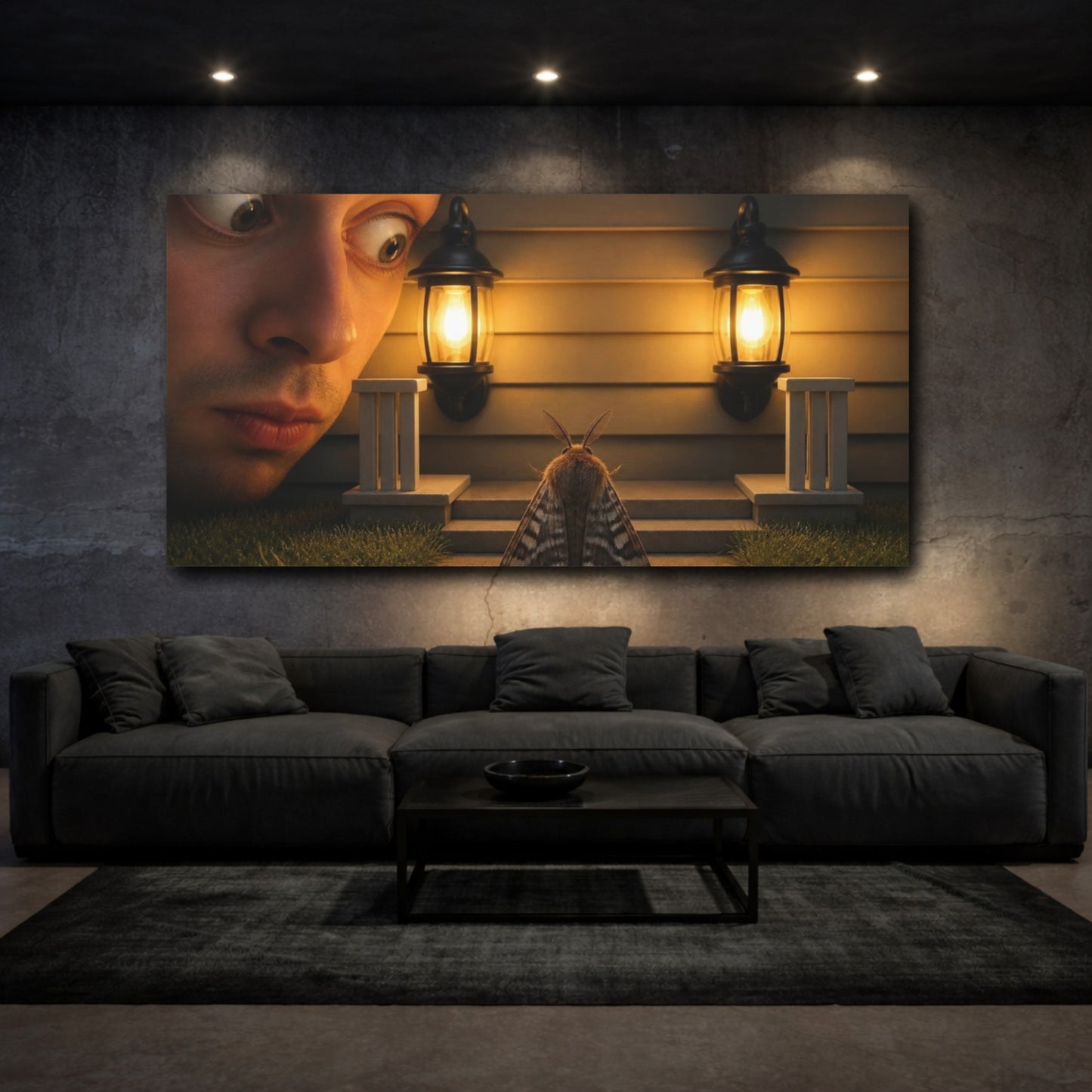 Mockup 3. Funny Moth Between Lights shown as canvas print