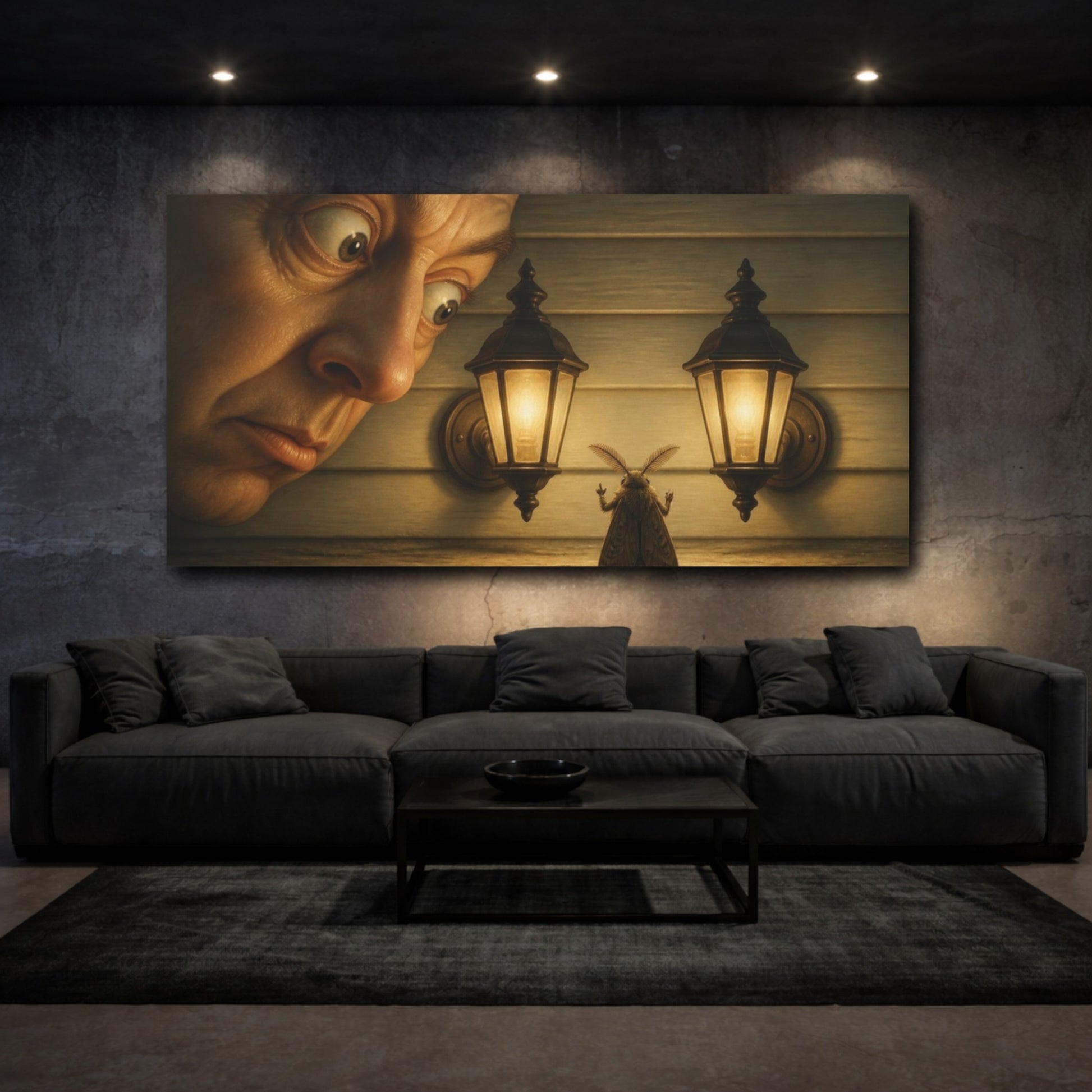 Mockup 3. Funny Moth Between Lights shown as canvas print