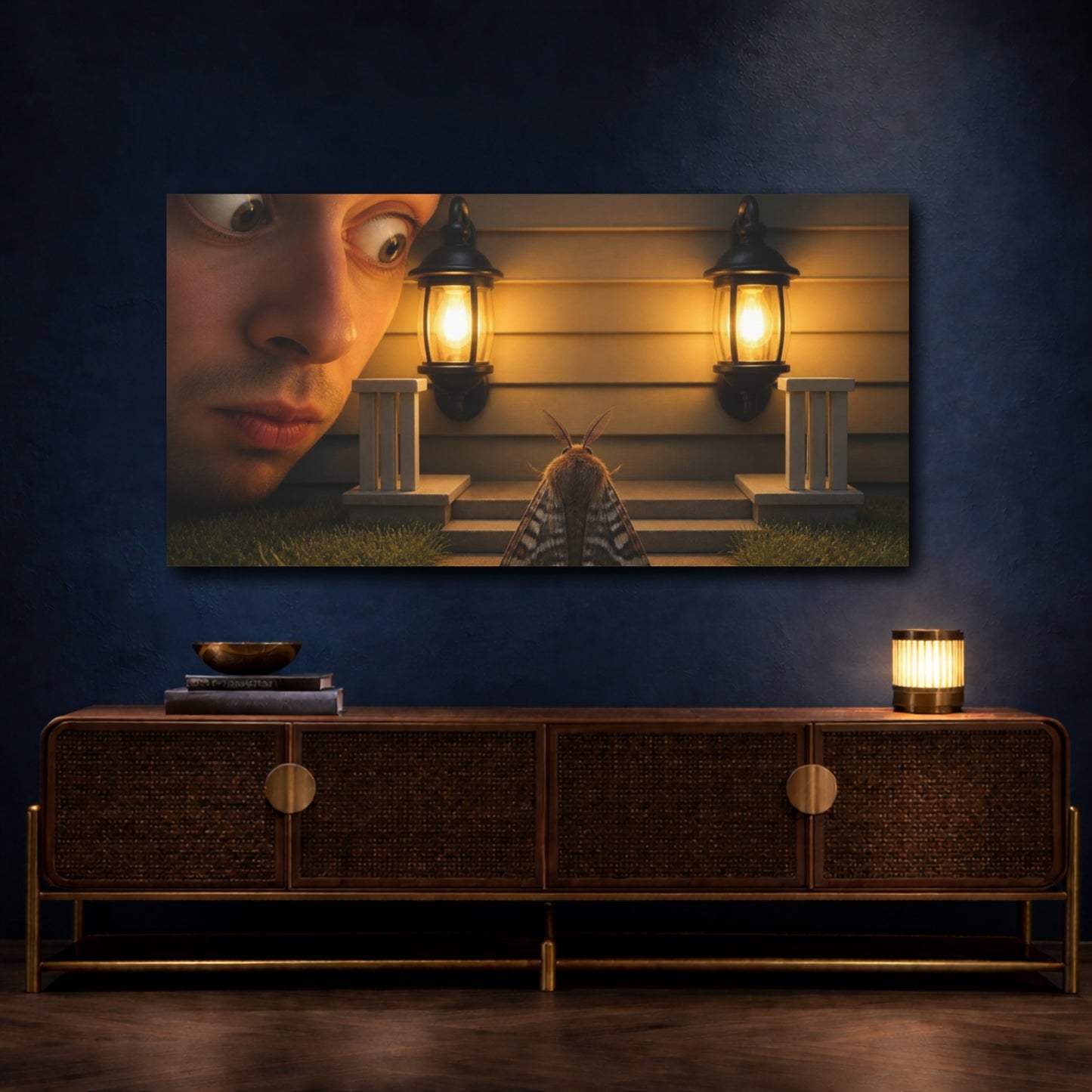 Mockup 4. Funny Moth Between Lights shown as canvas print
