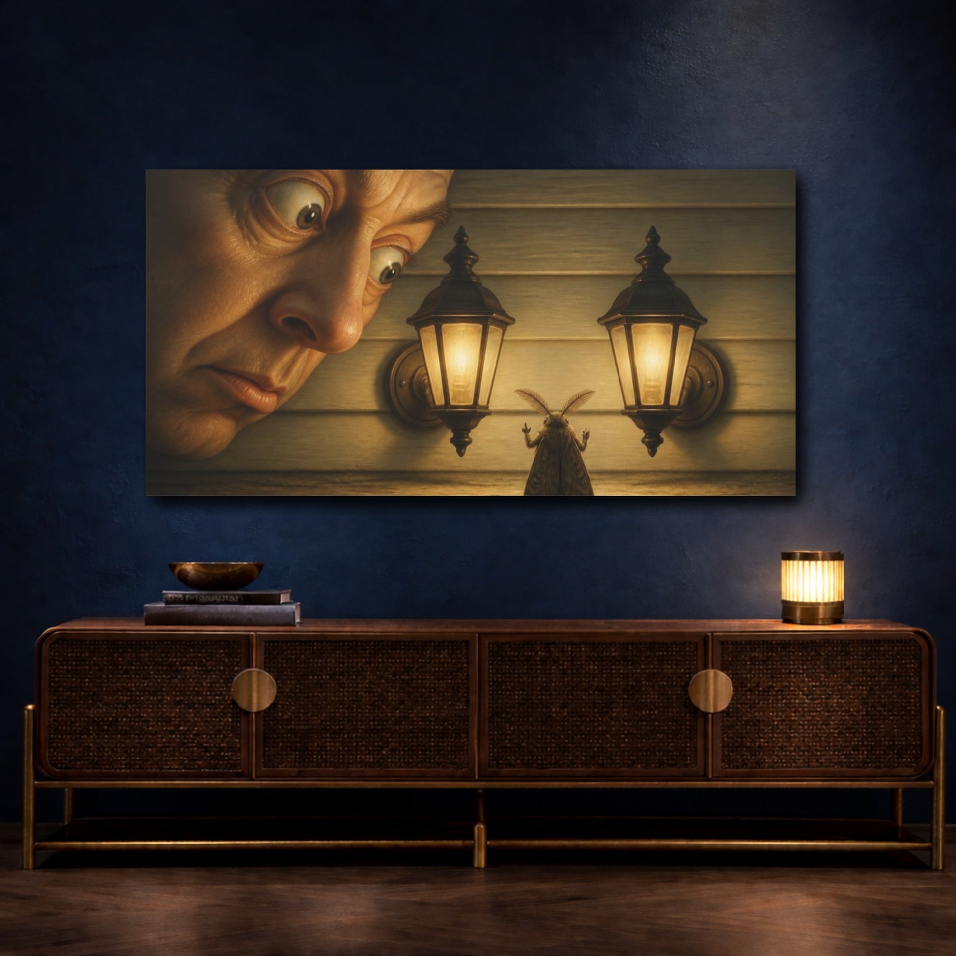 Mockup 4. Funny Moth Between Lights shown as canvas print