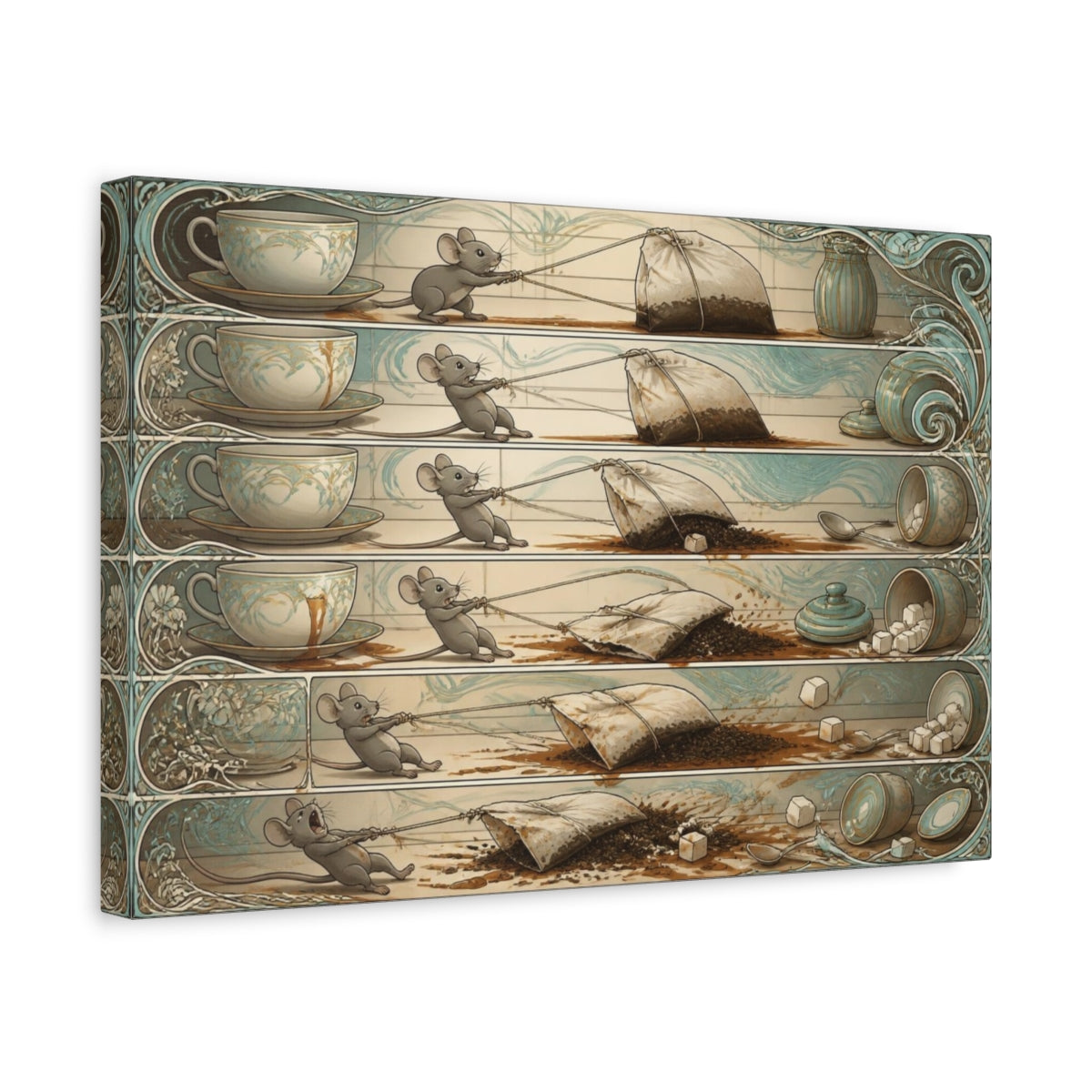 Side Mockup 4. Funny Mouse And Teabag shown as canvas print