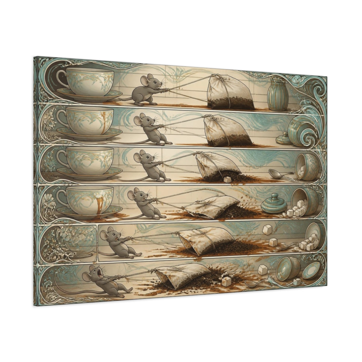 Side Mockup 1. Funny Mouse And Teabag shown as canvas print
