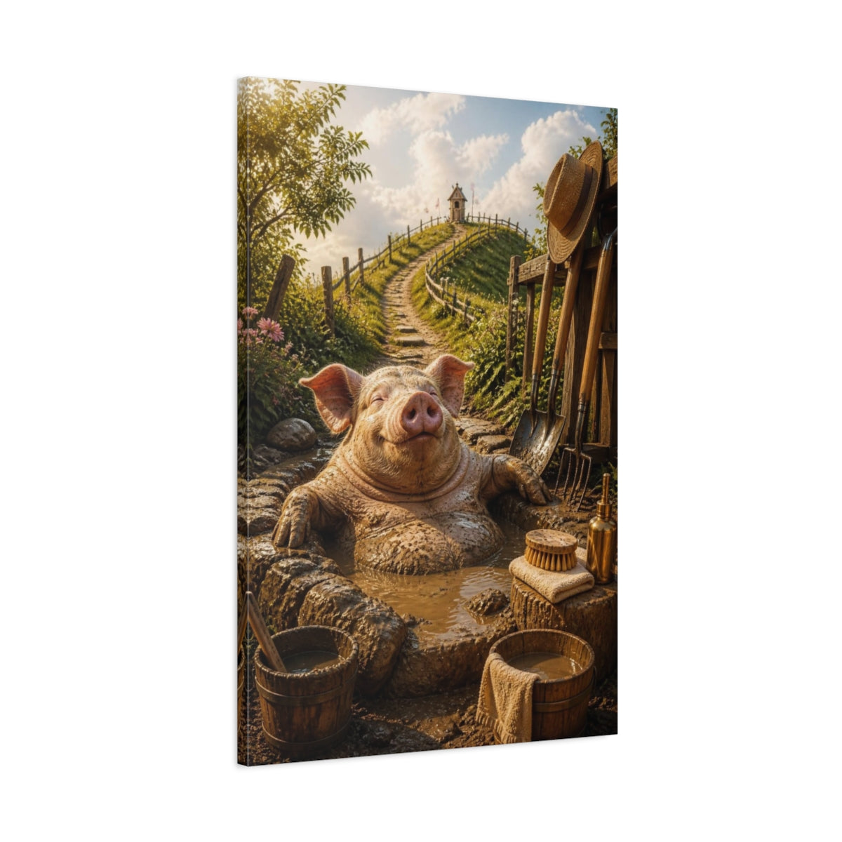 Main Mockup. Funny Mud Spa Pig shown as canvas print