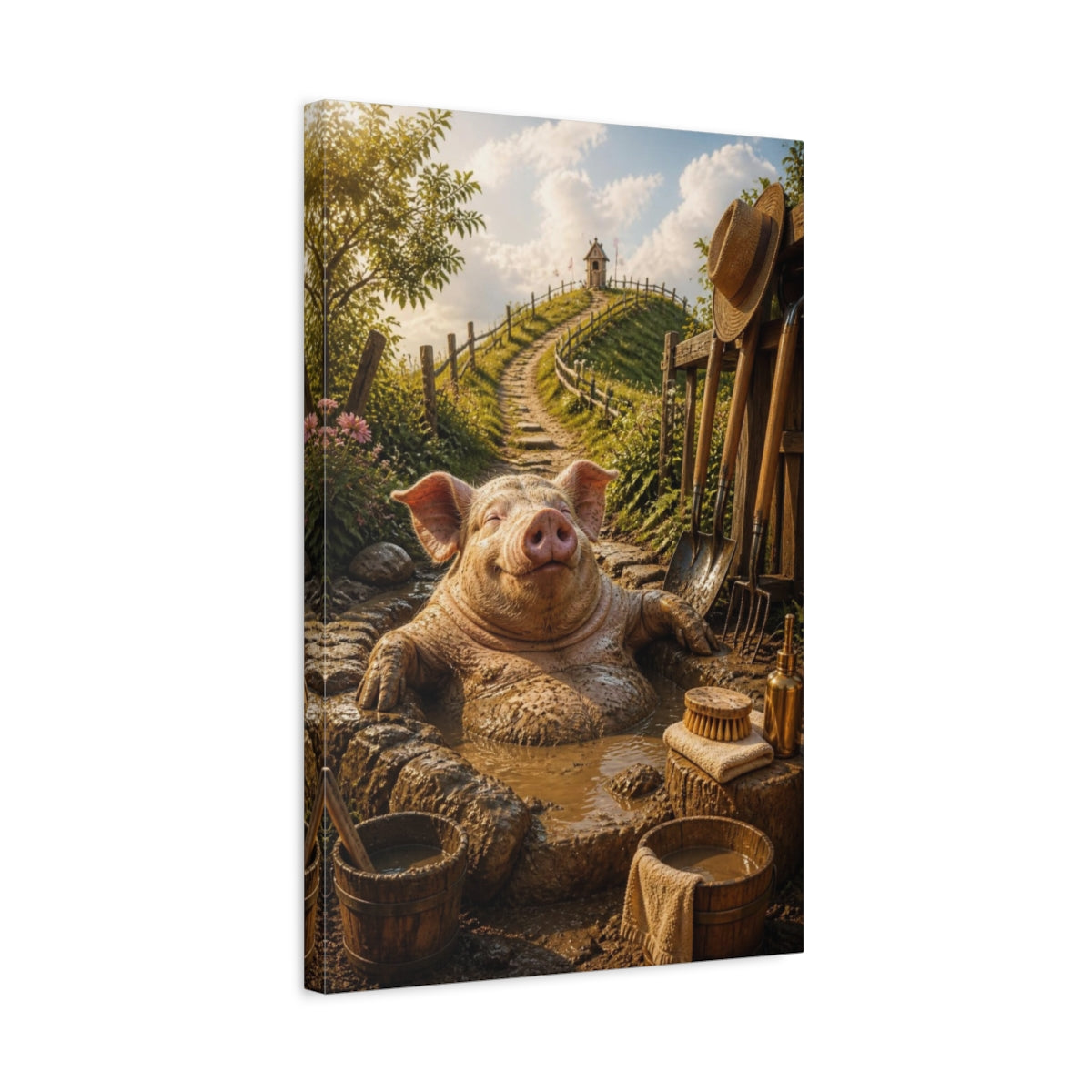 Side Mockup 3. Funny Mud Spa Pig shown as canvas print