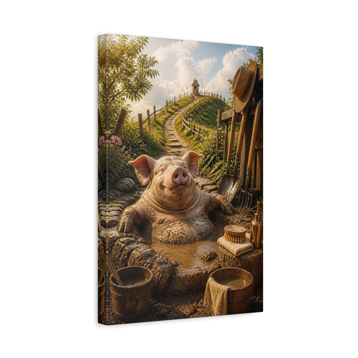 Side Mockup 4. Funny Mud Spa Pig shown as canvas print