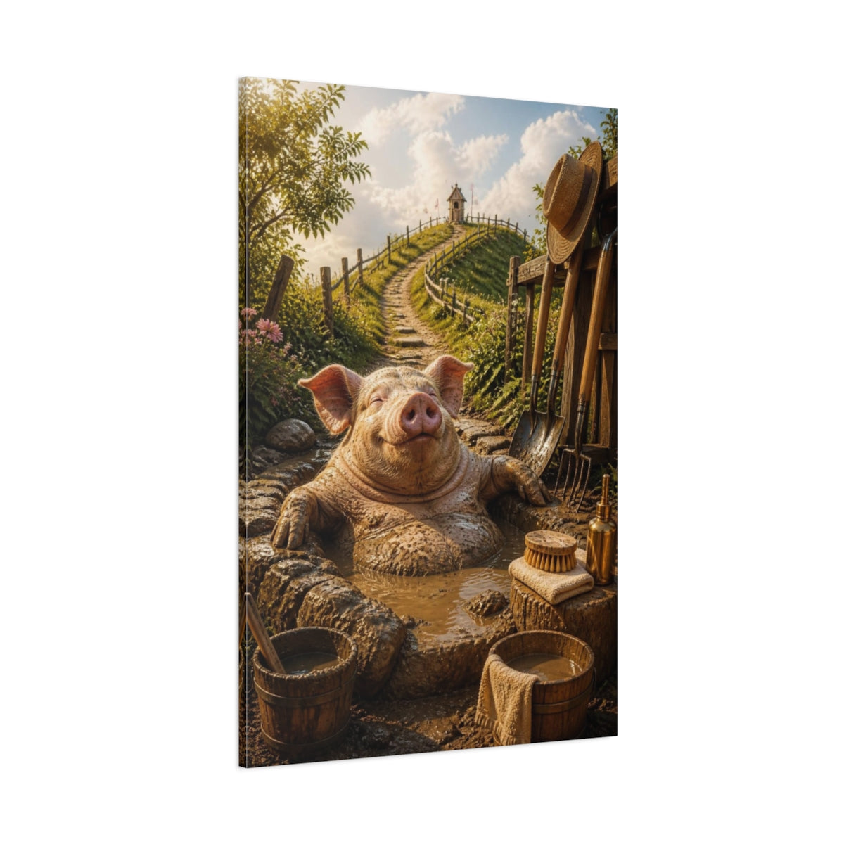 Side Mockup 1. Funny Mud Spa Pig shown as canvas print