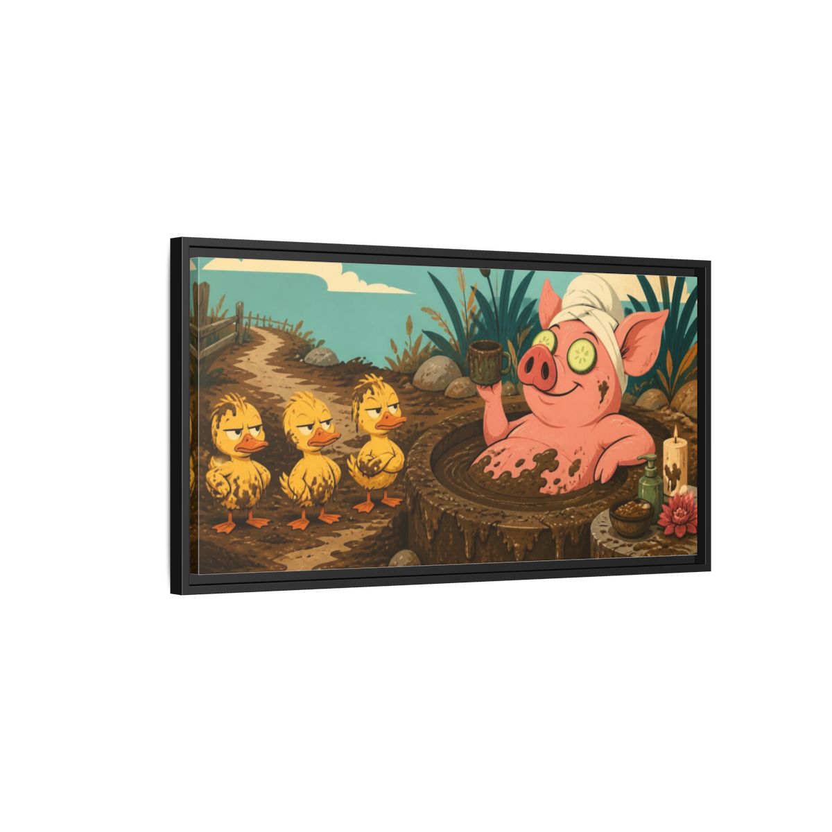 Side Mockup 2. Funny Mud Spa Pig shown as framed canvas print