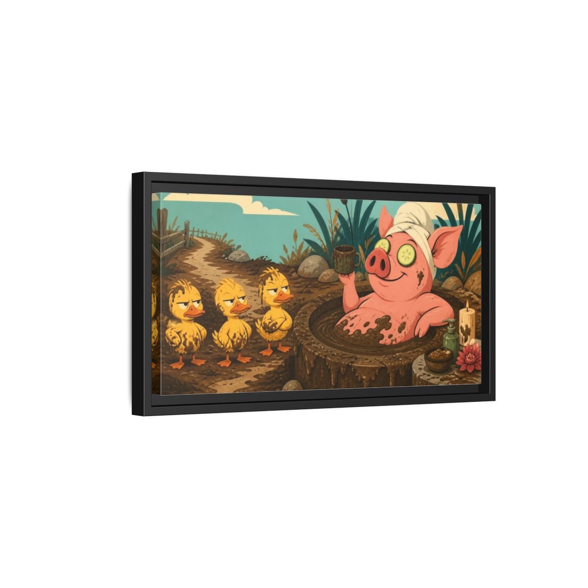 Side Mockup 8. Funny Mud Spa Pig shown as framed canvas print