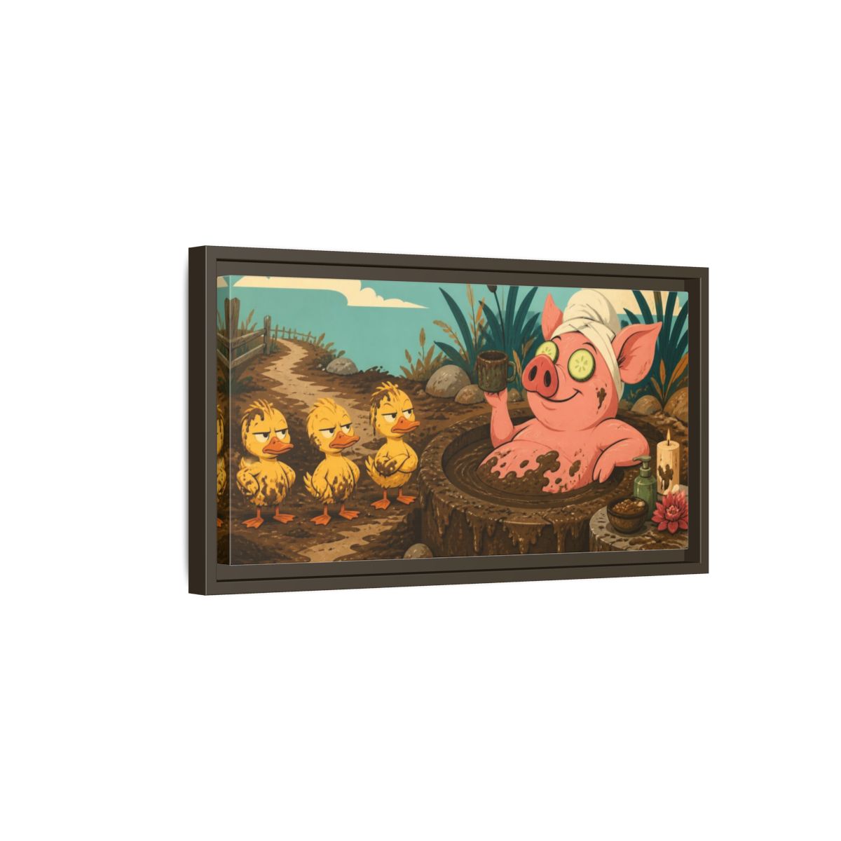Side Mockup 7. Funny Mud Spa Pig shown as framed canvas print