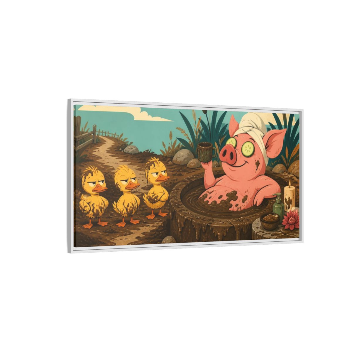 Side Mockup 3. Funny Mud Spa Pig shown as framed canvas print