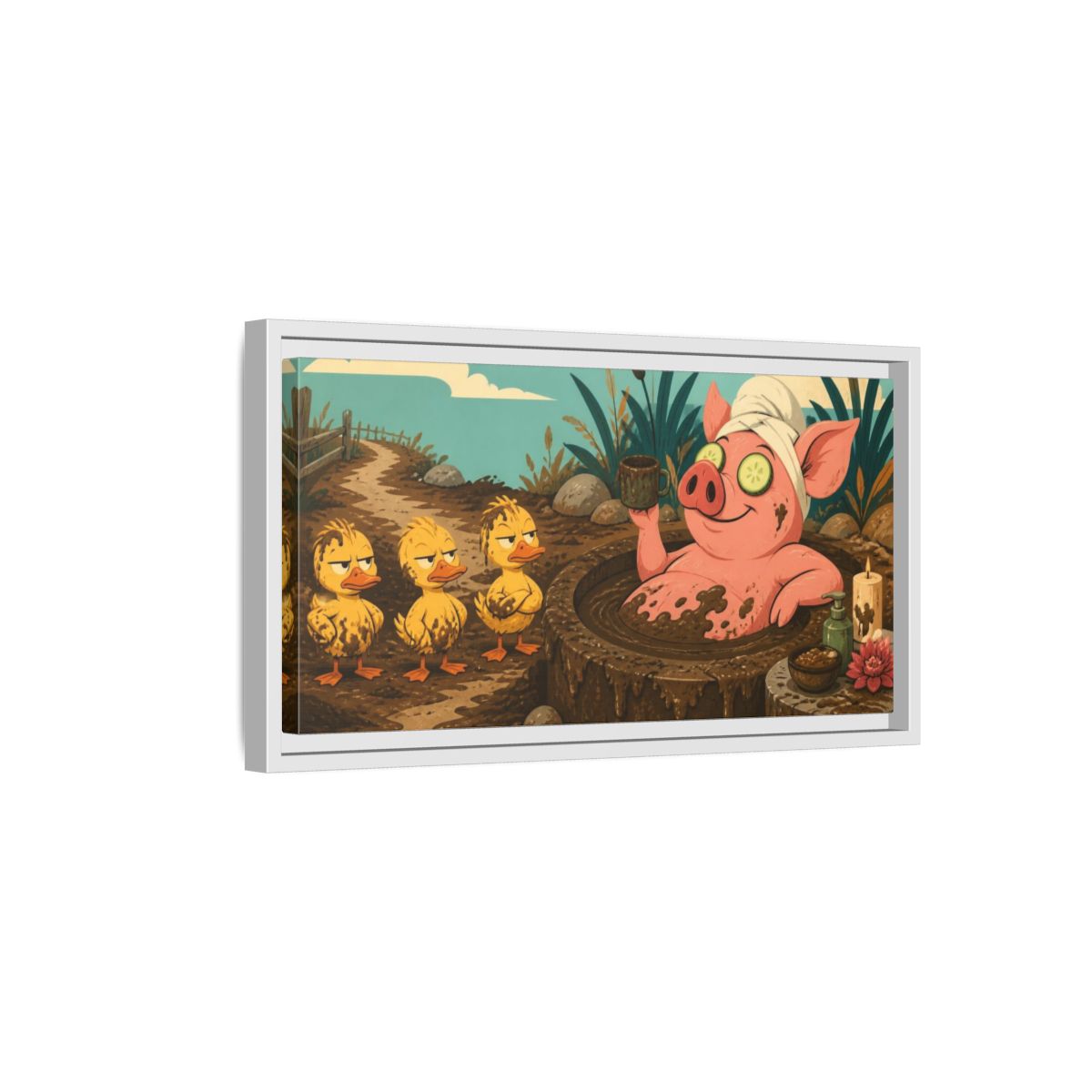 Side Mockup 6. Funny Mud Spa Pig shown as framed canvas print