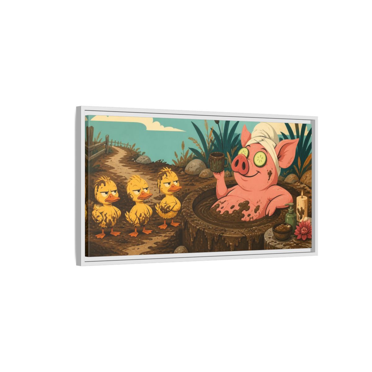 Side Mockup 1. Funny Mud Spa Pig shown as framed canvas print