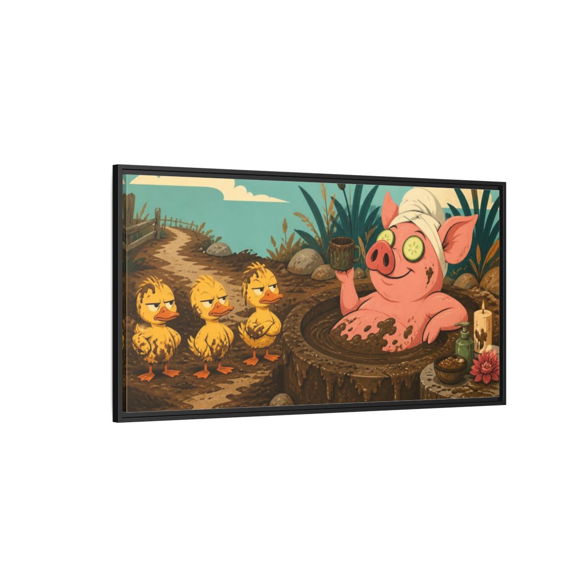Side Mockup 5. Funny Mud Spa Pig shown as framed canvas print