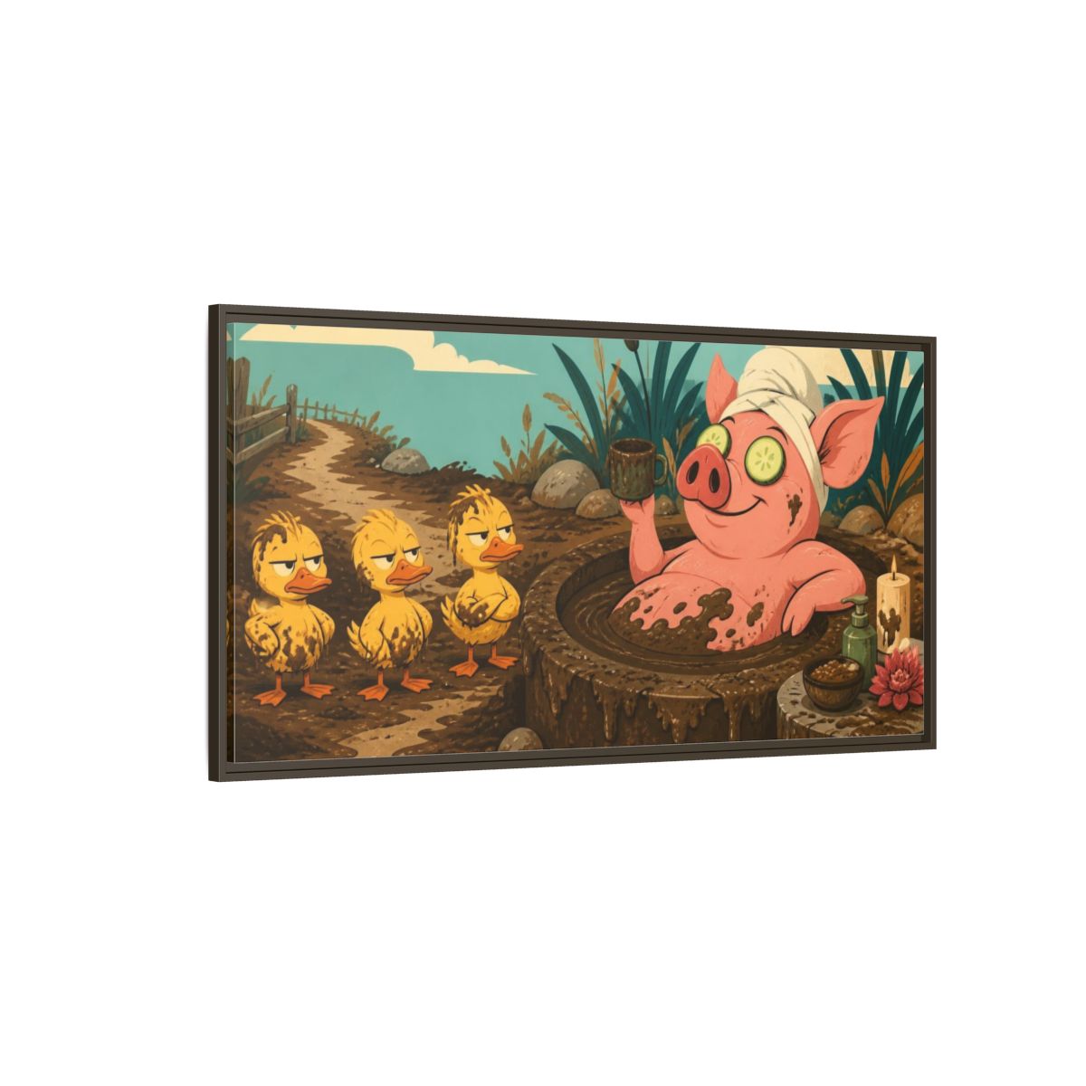 Side Mockup 4. Funny Mud Spa Pig shown as framed canvas print