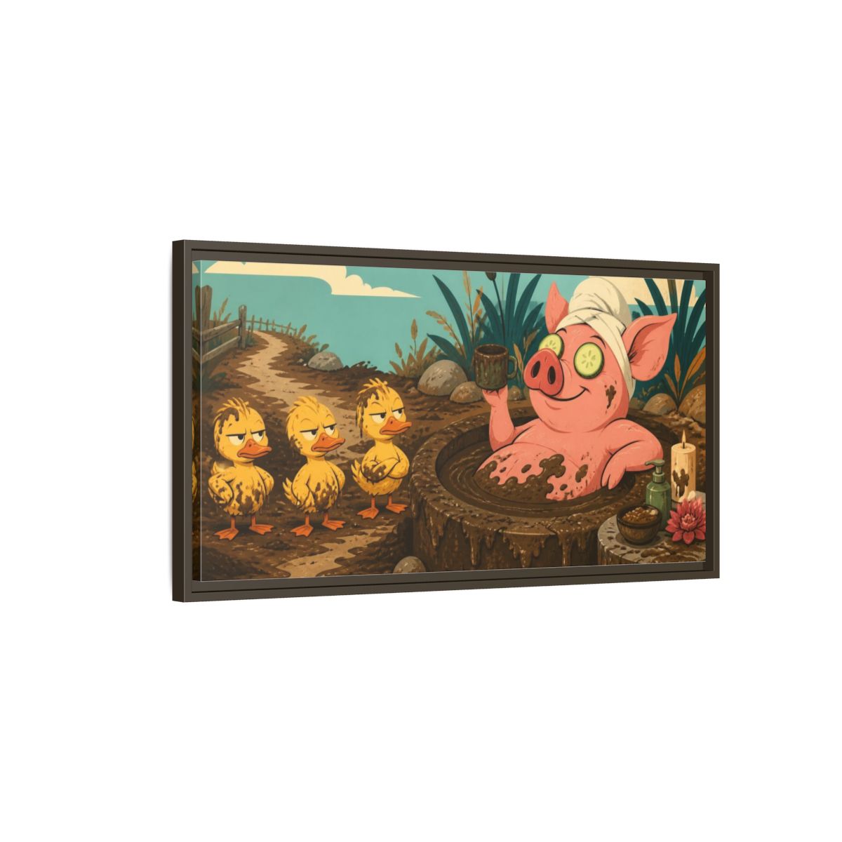 Main Mockup. Funny Mud Spa Pig shown as framed canvas print