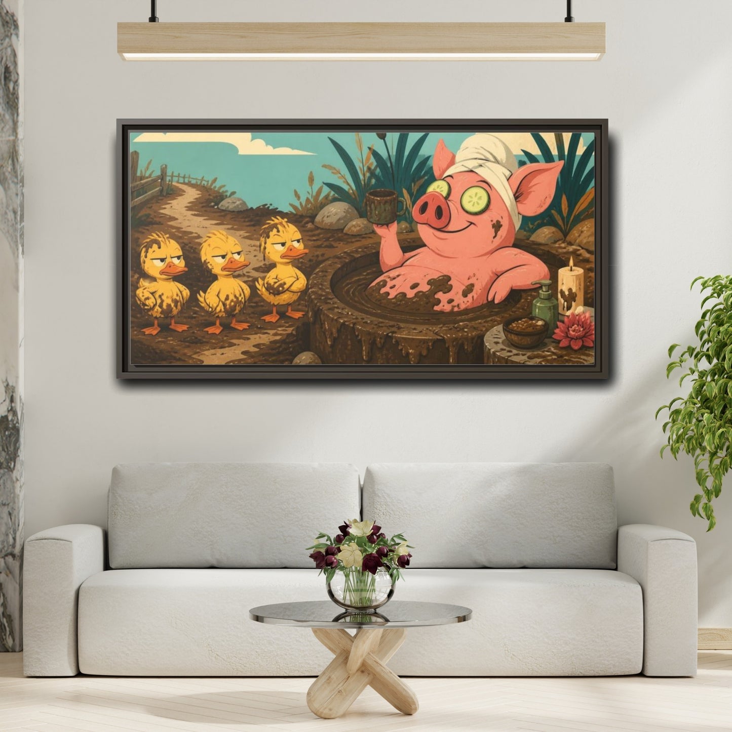 Mockup 2. Funny Mud Spa Pig shown as framed canvas print