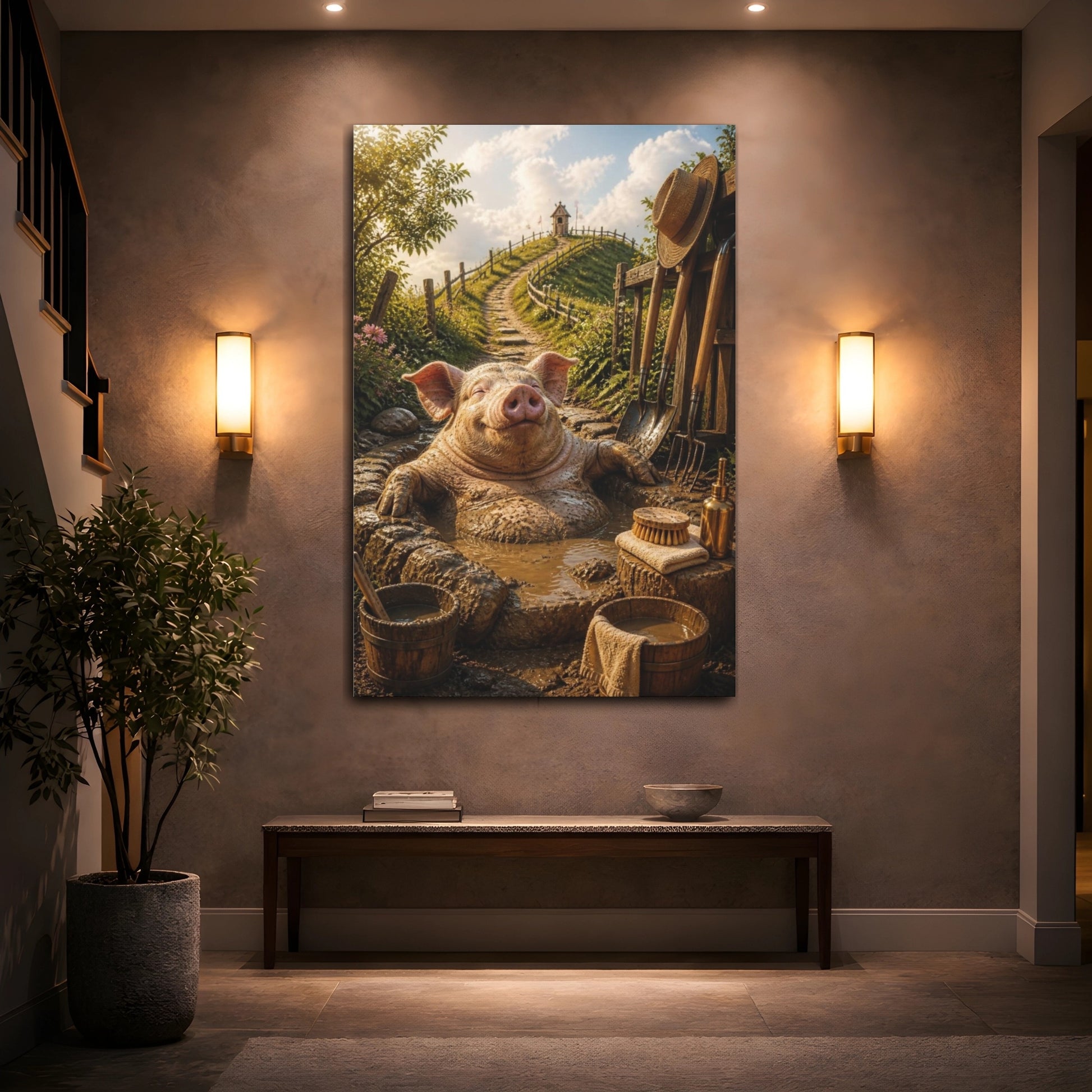 Mockup 2. Funny Mud Spa Pig shown as canvas print