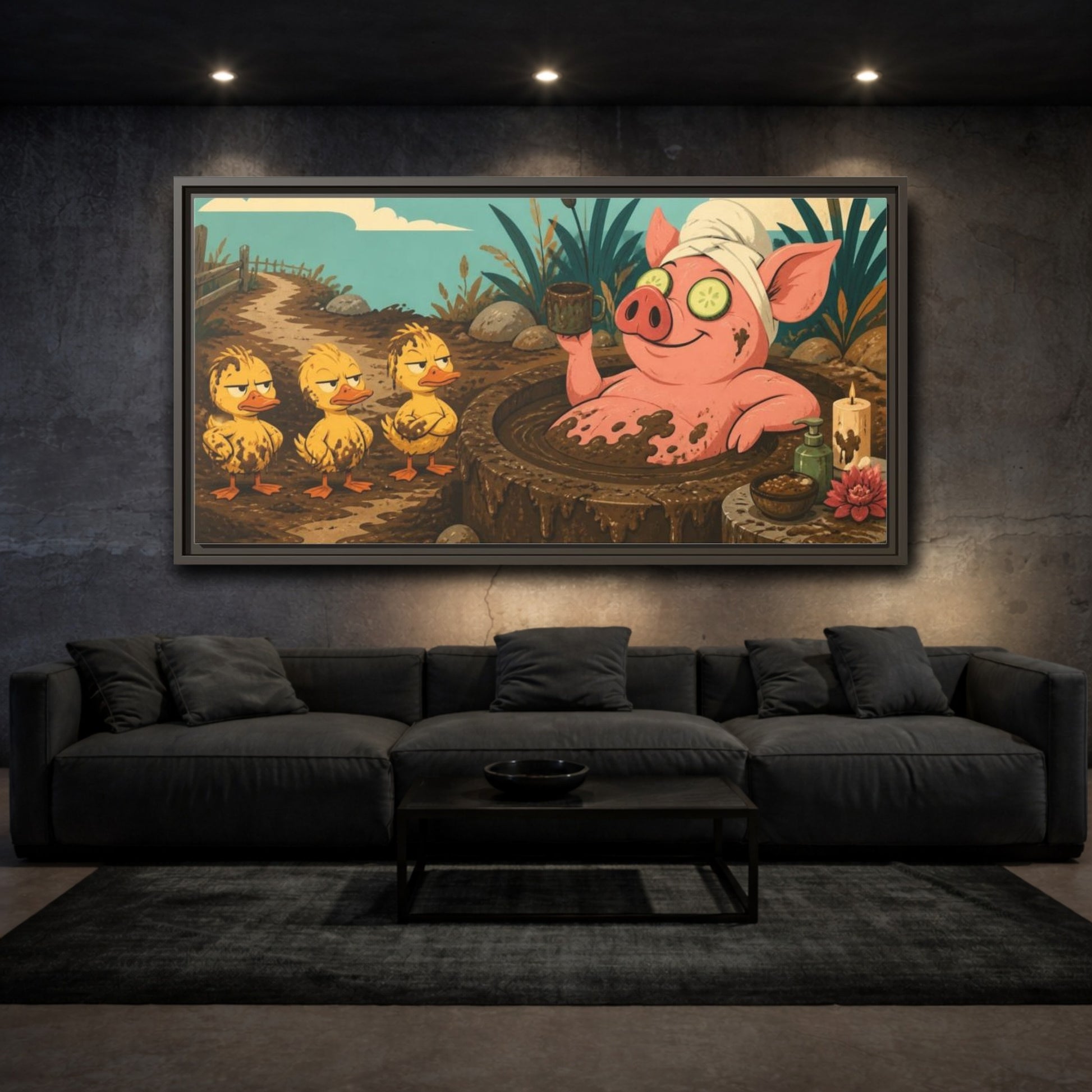 Mockup 3. Funny Mud Spa Pig shown as framed canvas print